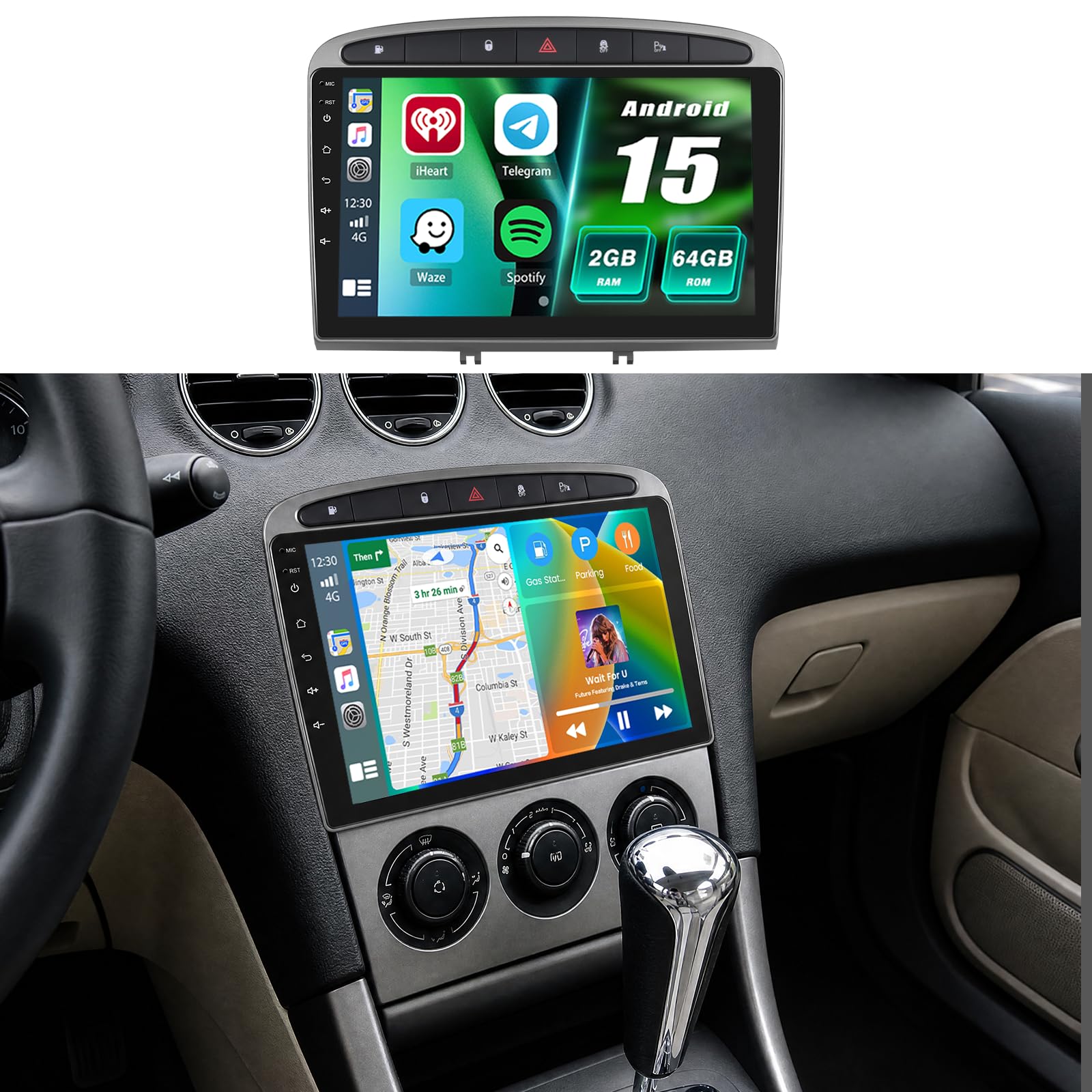 2+64G Android Autoradio per Peugeot 308 408 2007-2015 Wireless Carplay Android Auto, 9'' IPS Touchscreen Radio con Bluetooth/GPS/Telecamera di Retromarcia/FM/WiFi/SWC/26UI