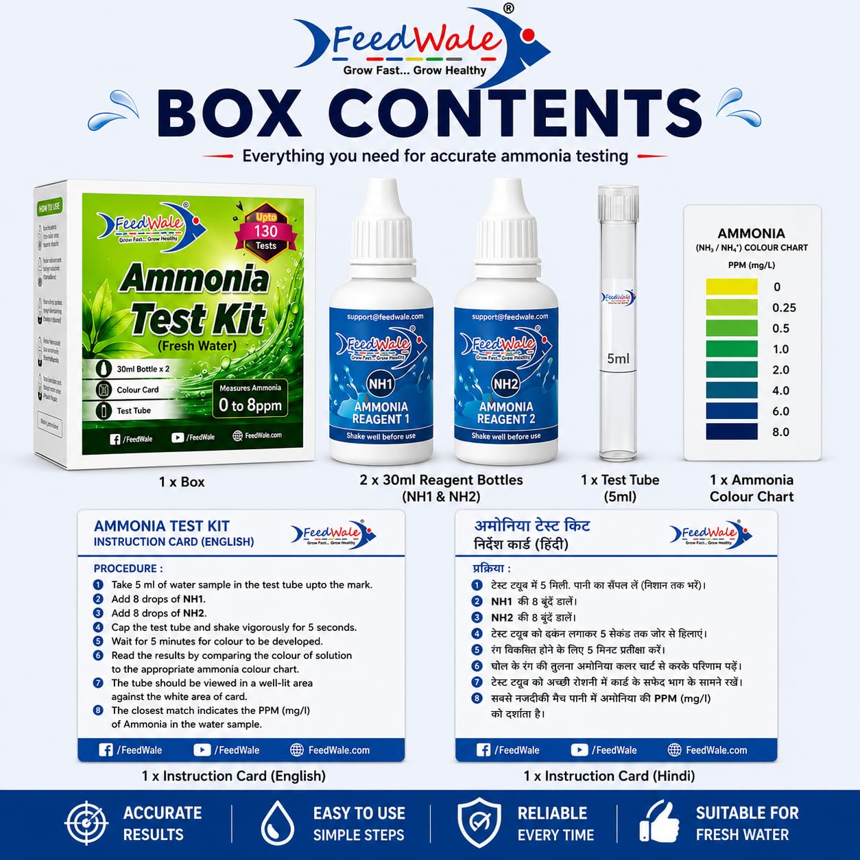 FeedWale Freshwater Ammonia Test Kit NH3/NH4 | Aquarium Water Test Kit | Fish Tank, Koi Pond & Fish Pond Water Quality Testing | Measures 0-8 ppm | Up to 130 Tests 1