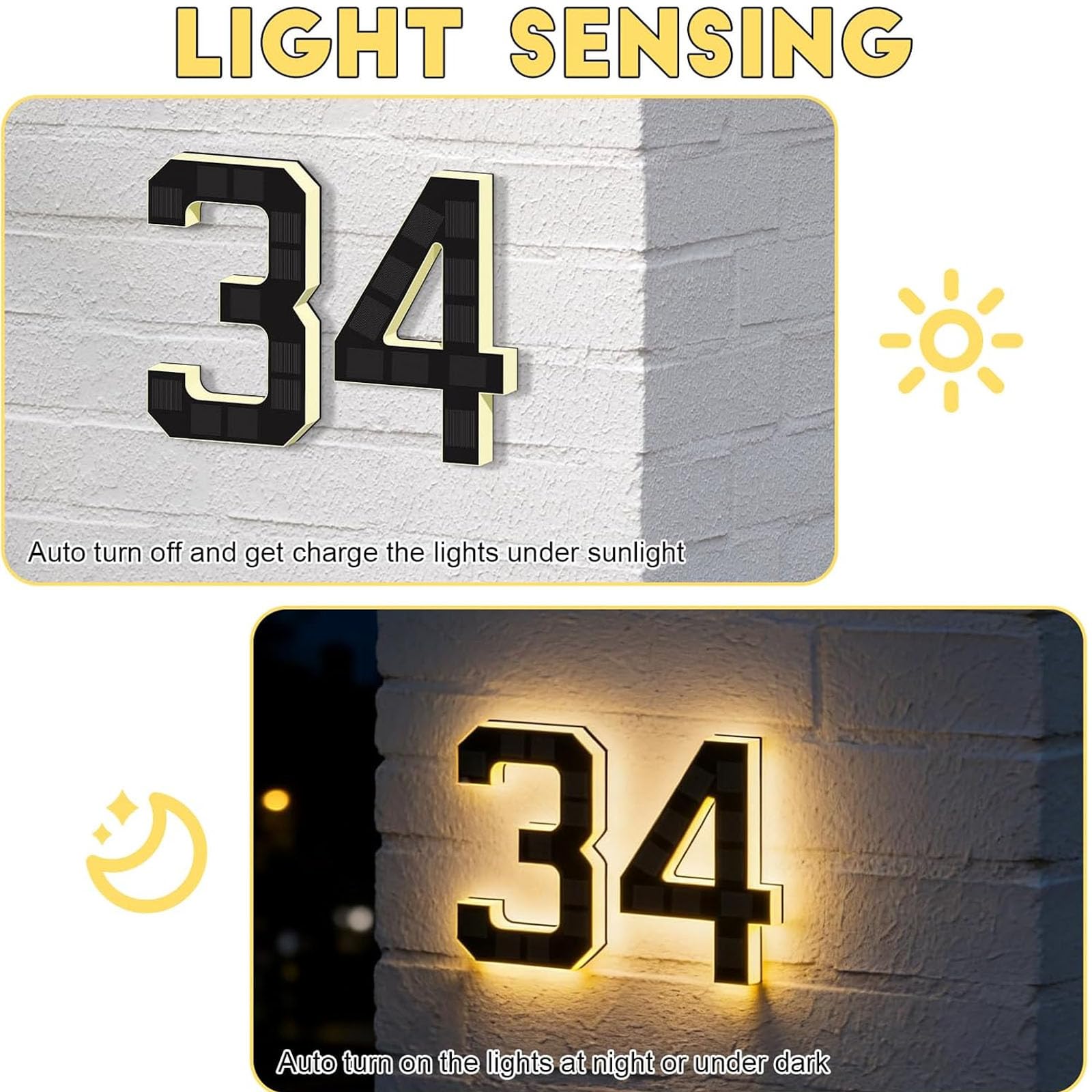 Numeri di indirizzi solari per esterni, con illuminazione a LED, impermeabile IP65, senza adesivo o montaggio a vite, dal tramonto all'alba, 17 cm