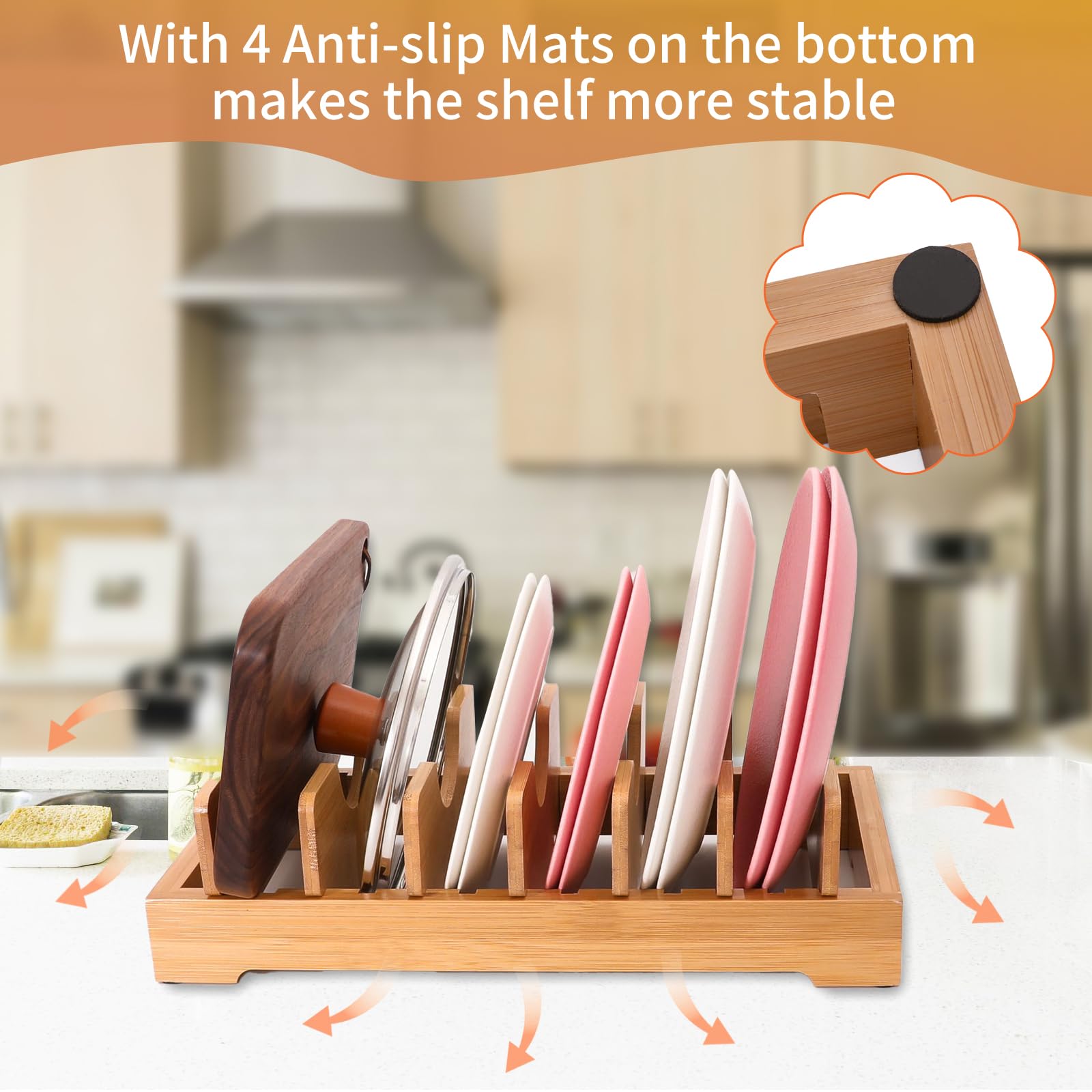 XiaoyuziTF Bamboo kitchen storage rack - adjustable lid rack, suitable for cabinet storage, perfect for pots, pans, cutting boards, baking pans, plates, etc- Keep the kitchen clean and tidy