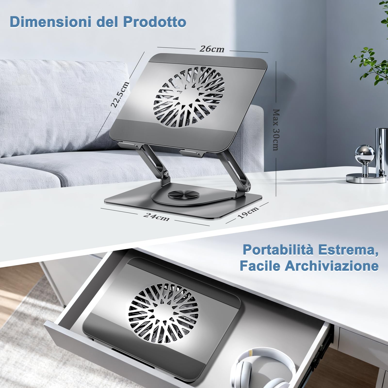 ICARE Supporto PC Portatile con Ventole PC Magnetica, Rotazione a 360°, Portata 10KG e 18dB Silenzioso, Supporto per Laptop/Tablet Fino a 16", Grigio