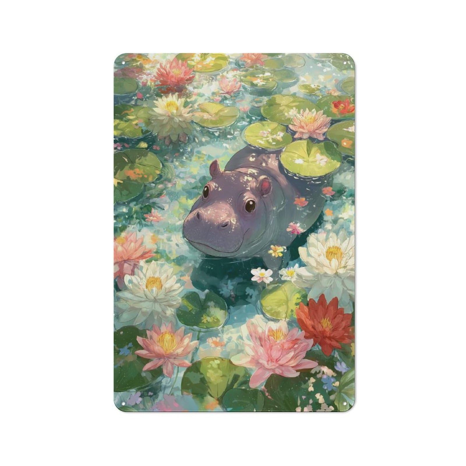 Junmoney Hippo In A Lily Pond For Hobby Room Or Studio, Retro-Style Tin Sign 30X20cm, For Room Styling Across Hobby Rooms And Studios