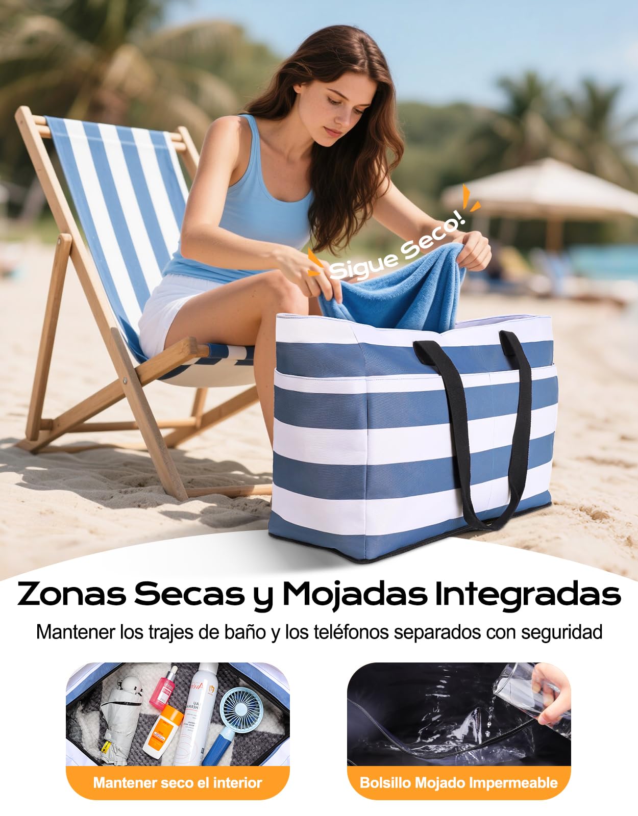CIRYCASE Bolso Playa Mujer con Nevera 2 en 1, Impermeable & Plegable Bolsa Viaje XXL Familiar, Beach Bag 54L Extra Grande con Cremallera y 9 Bolsillos para Piscina/Picnic/Gimnasio/Compra Esenciales