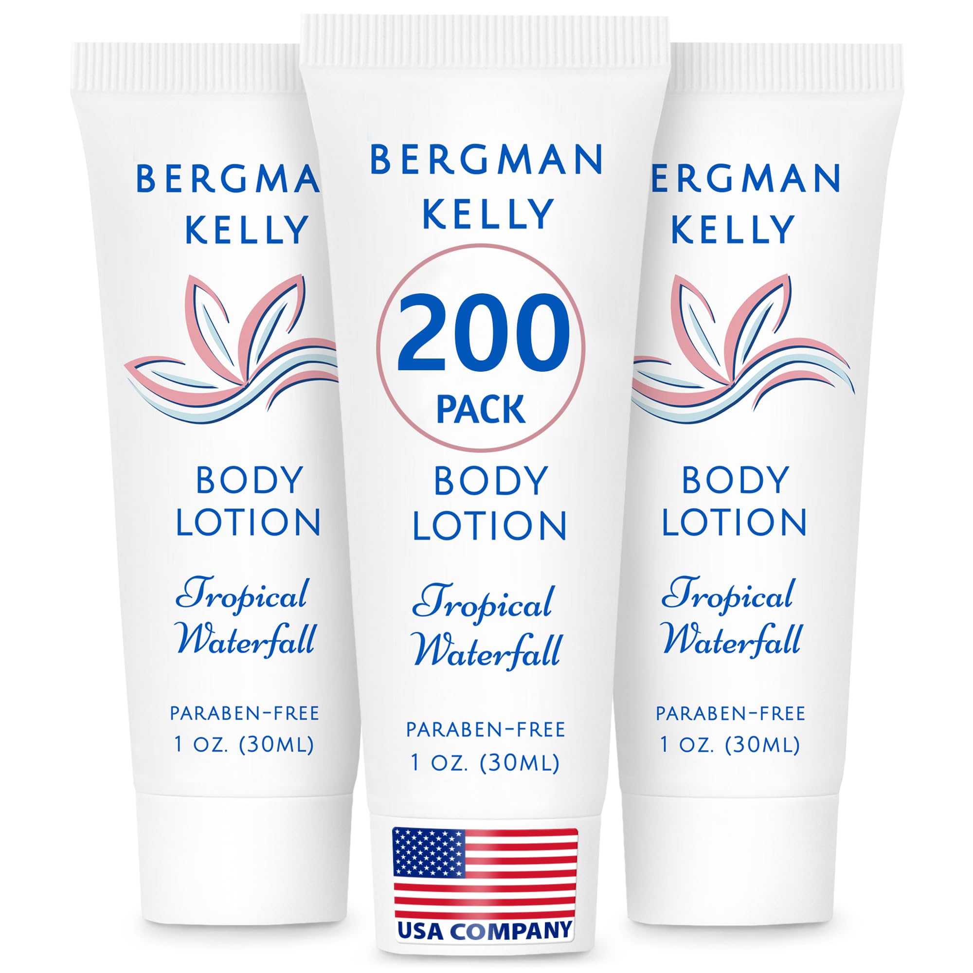 BERGMAN KELLY Loción de tamaño de viaje, 30 ml, paquete de 200 unidades de cascada tropical – mima a tus invitados con una loción corporal vigorizante y refrescante, productos de cuidado de alta
