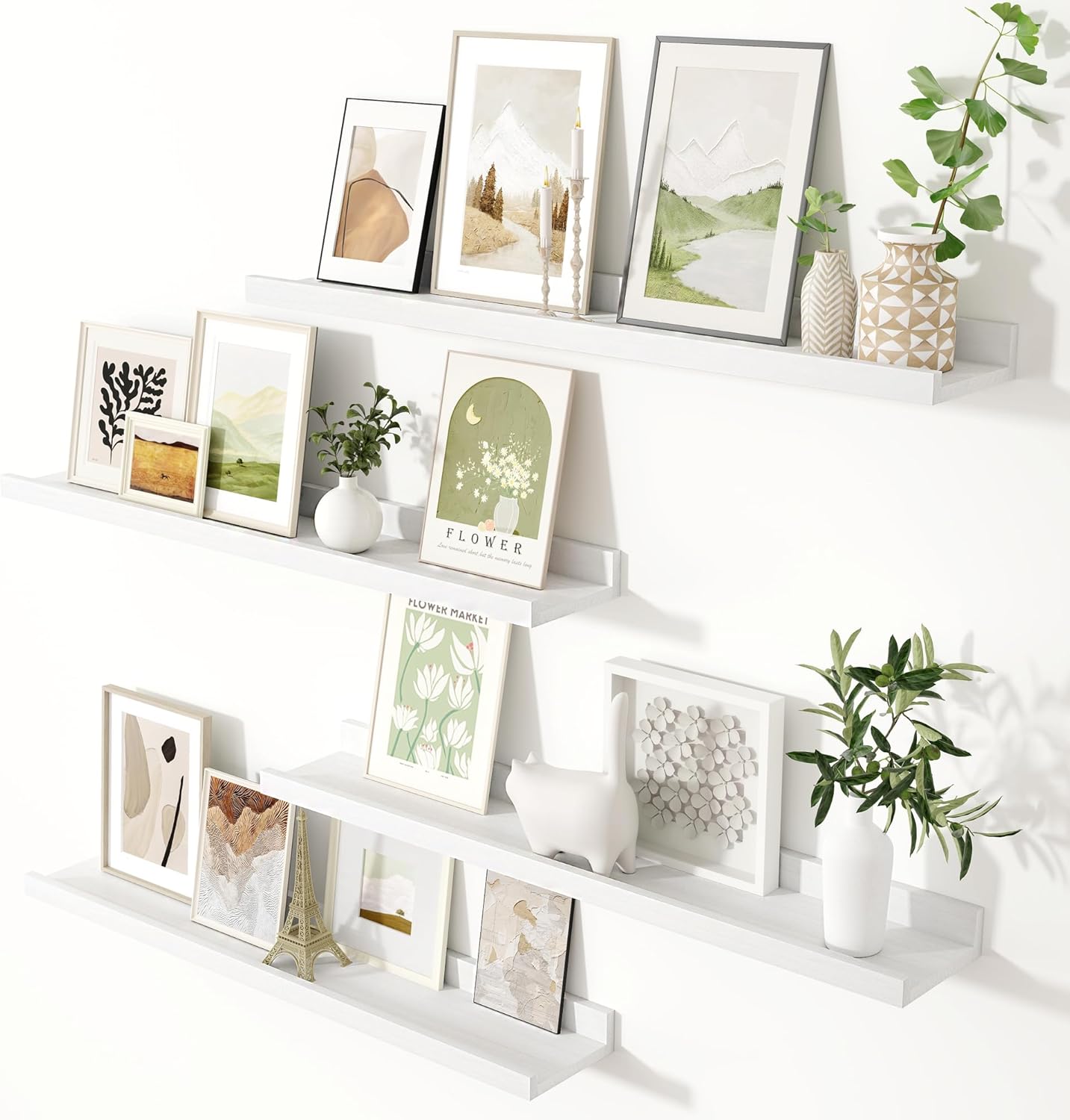 Fun Memories White Floating Shelves 36 Inch, Rustic Picture Shelves Photo Shelf for Wall with Ledge, Natural Wood Nursery Book Shelf Set of 4, Wooden Wall Shelves for Home Decor & Storage Washed White 36 Inch, Set of 4