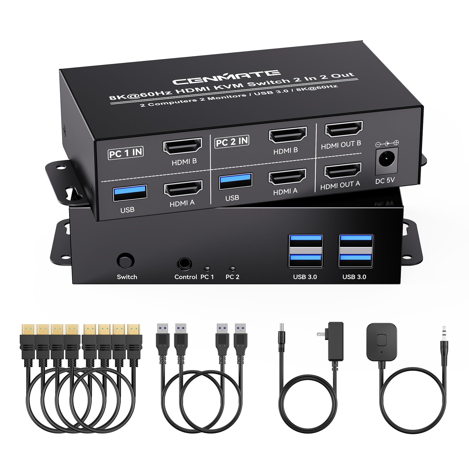 CENMATE 8K@60Hz HDMI KVM Switch with 2 Monitors, 2 Computers, 4 USB 3.0 Ports, Share 2 Monitors, Keyboard Mouse Printer with 4 HDMI Cable, 2 USB Cable, Power Adapter, Controller-image-47