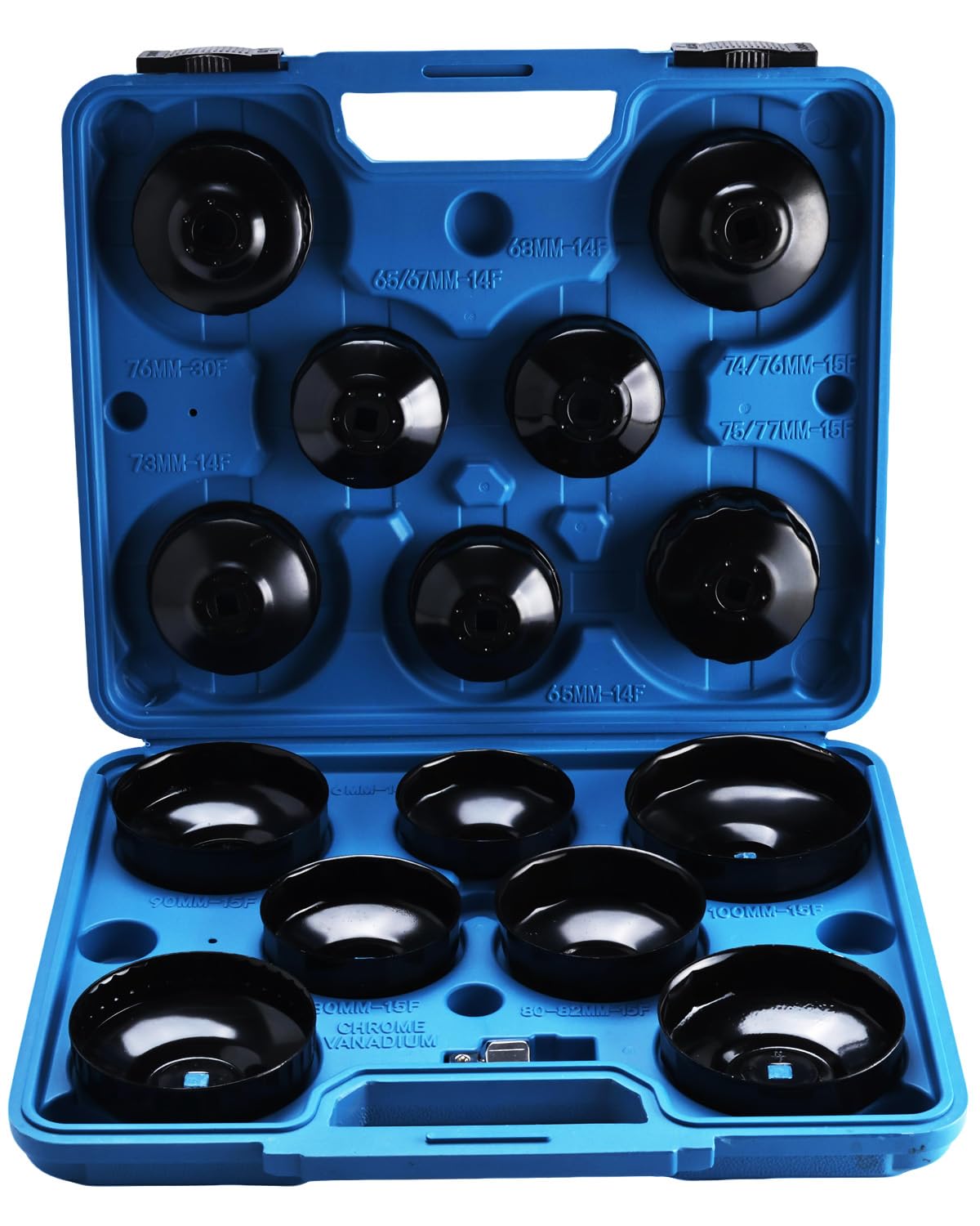 BOOMSTART Lot de 15 clés universelles pour filtre à huile - 14 capuchons de filtre à huile (65-100 mm) en tôle d'acier + adaptateurs 3/8" et 1/2" - Clé de filtre à huile pour tous les filtres courants