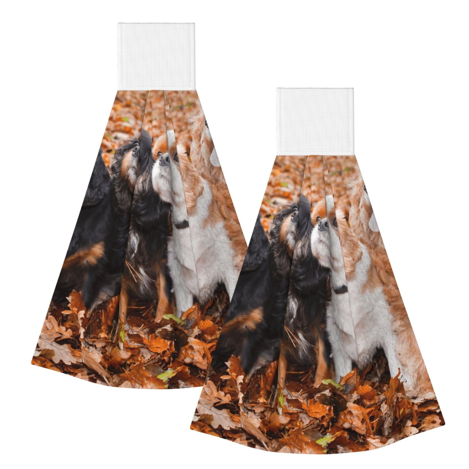 DOPKLNA Cavalier King Charles Spaniel Autumn Puppies, 2 Pcs Hanging Coral Fiber Hand Towels for Bathroom, Absorbent Kitchen Towels