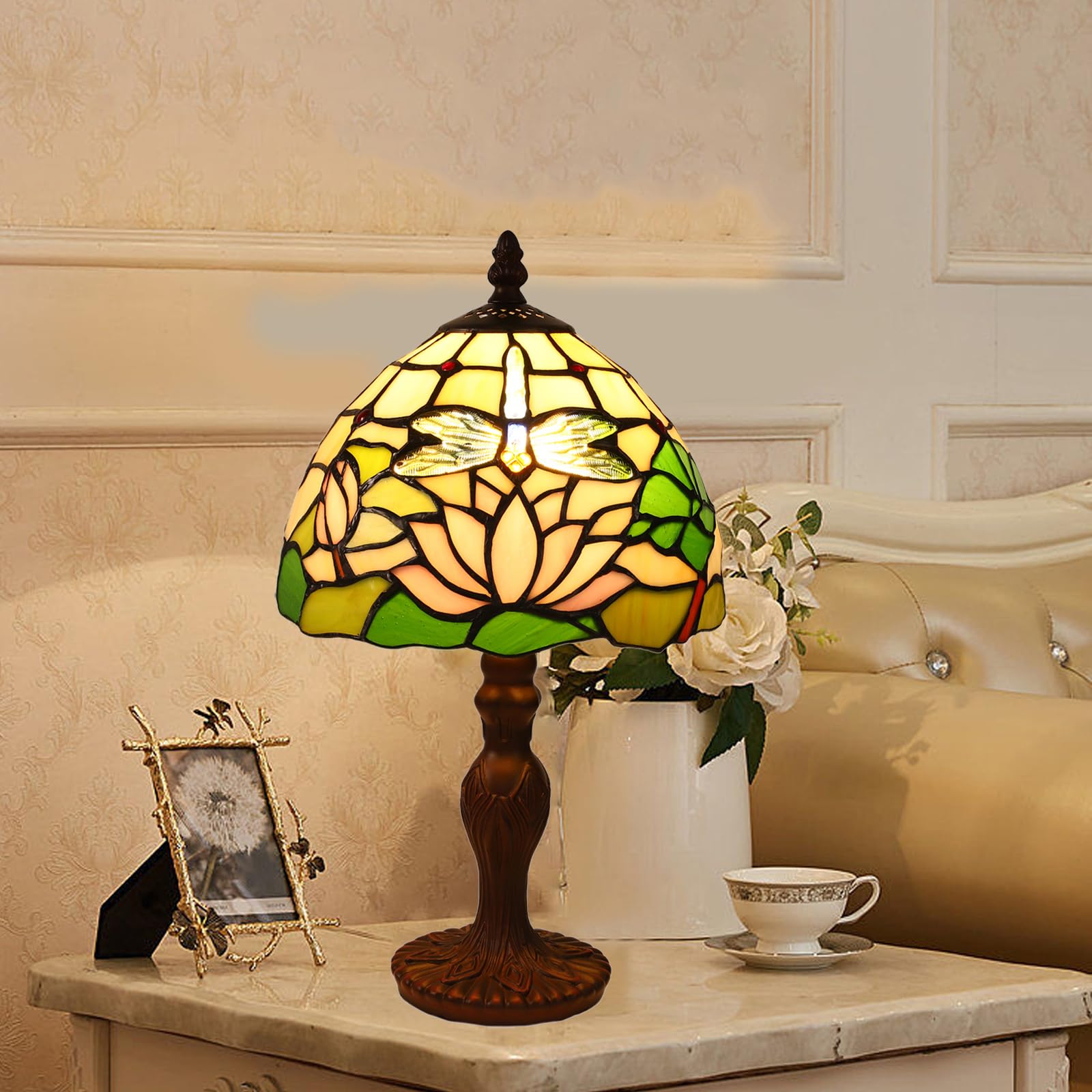 Lampada da Tavolo Tiffany Con Paralume in Vetro Colorato - per Soggiorno, Camera da Letto, Studio e Tavolino da Caffè