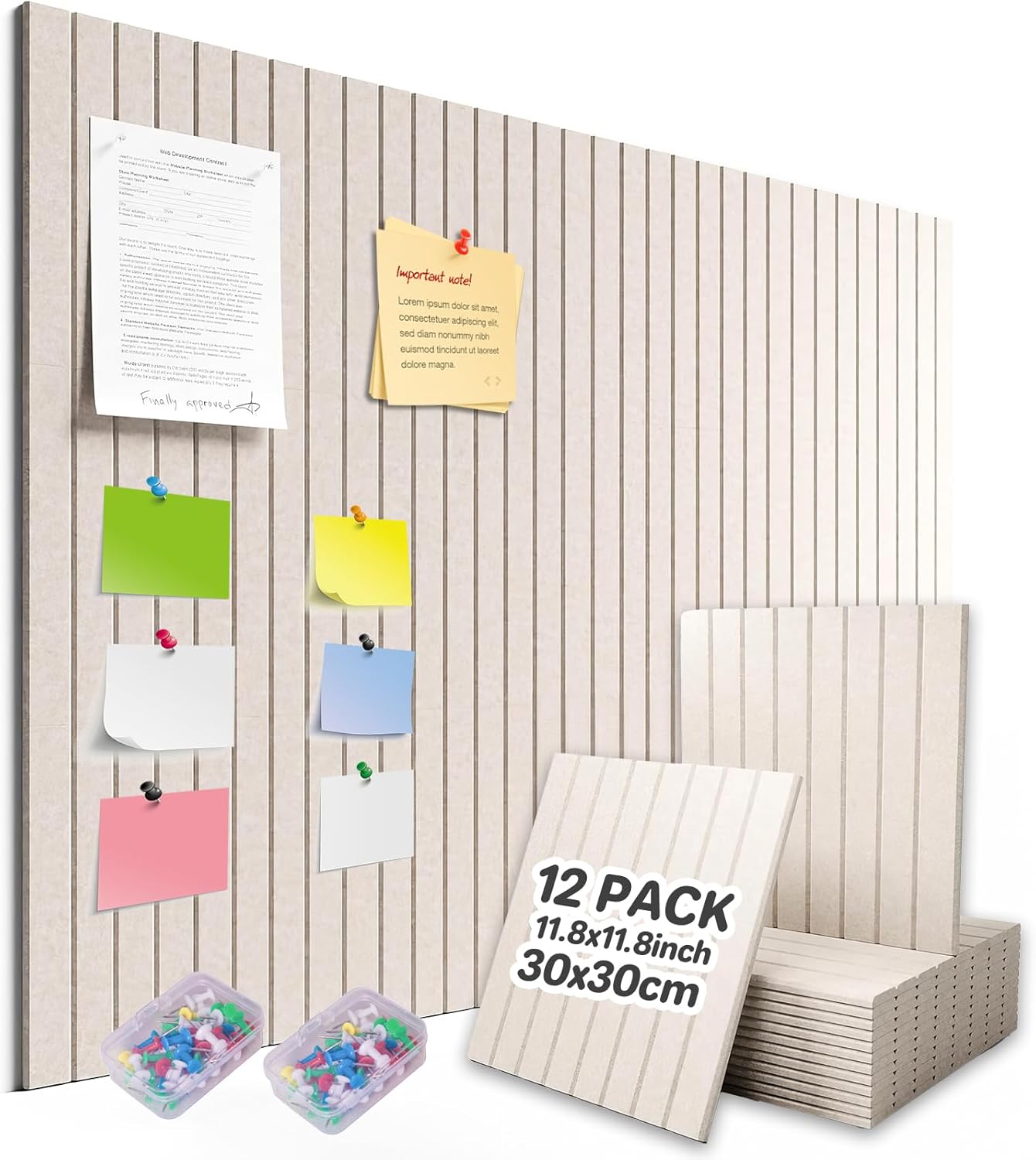 Large Felt Bulletin Board for Walls, 48" x 36" Black Bulletin Board 12 Pack Cork Board with 72 Safe Removable Adhesive Tabs, Bulletin Boards for Home Office Classroom (12Pack-Oatmeal Fine-Stripe)