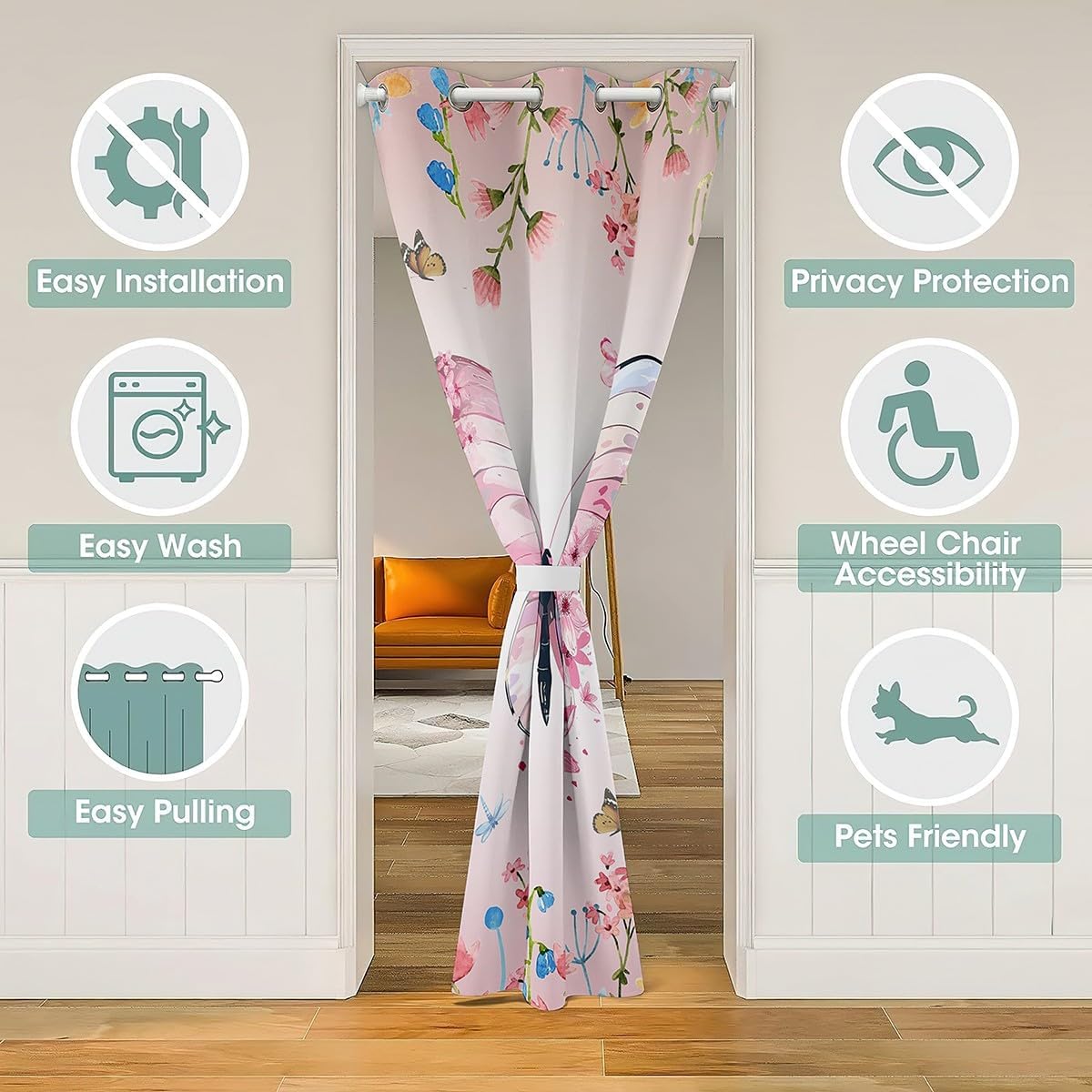 Butterfly Door Curtain for Privacy Girly Ombre Pink Flowers Blackout Curtain for Bedroom Decor Rustic Farmhouse Style Butterflies Curtain Drape for Closet Room Divider Curtain 1 Panel 60"W x 80"L