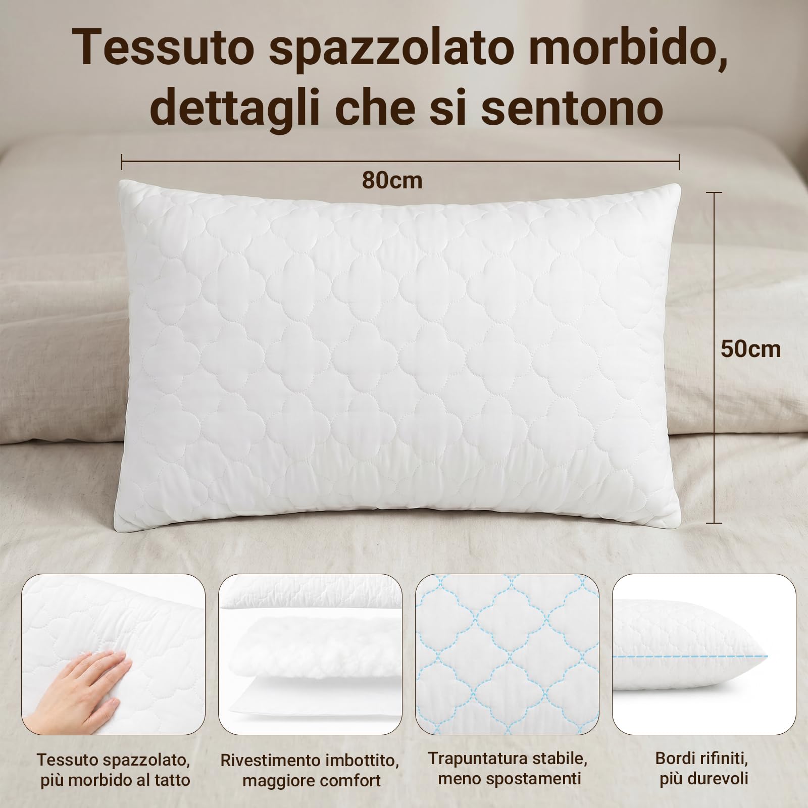 COSYLAND cuscini letto 2 pezzi, cuscini trapuntati con imbottitura 700 g in fibra 7D, morbidi e traspiranti, altezza regolabile, supporto soffice, bordi rifiniti(50 x 80 cm)
