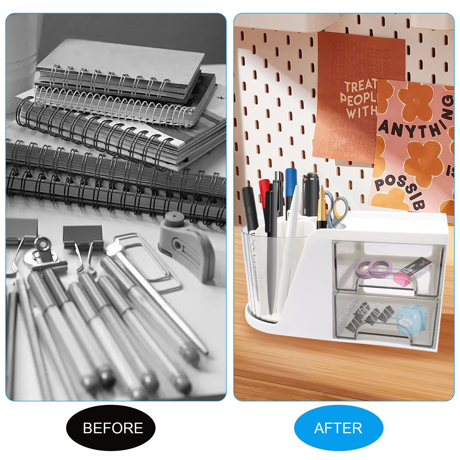 HVIHWI Desk Organiser, 360 Degree Rotating Pen Holder, Desk Organisers Accessories with 2 Drawers - Image 4