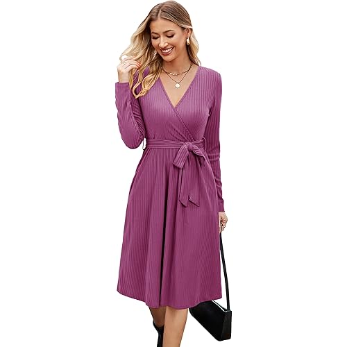 Newshows Womens 2025 Fall Dresses Teacher Church Business Casual Work Outfits Knit Midi Sweater Pockets Belt Dress