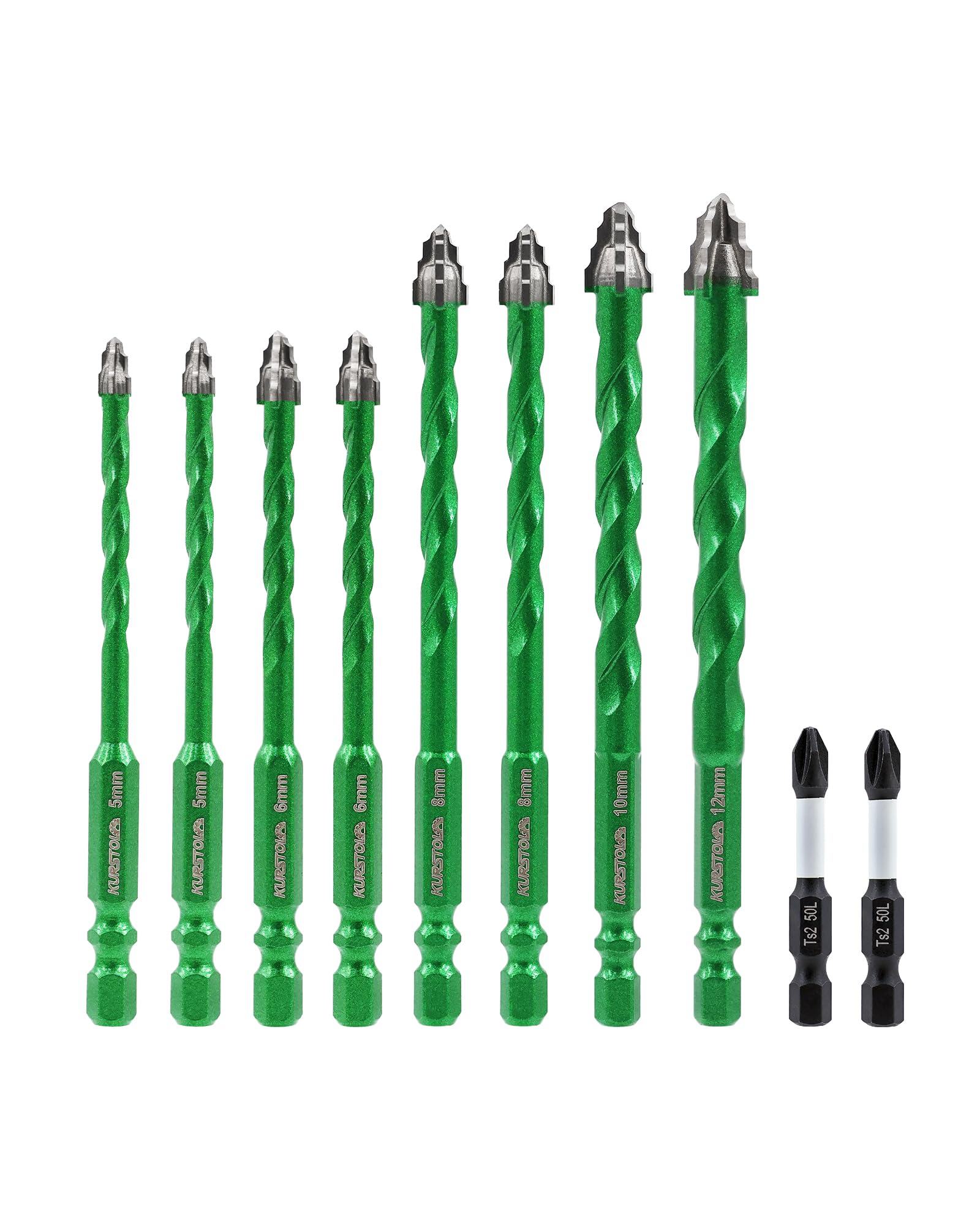 KURSTOL Carbide Masonry Drill Bit Set 10pcs - 5mm*2/6mm*2/8mm*2/10mm/12mm Cross-step Tip Eccentric Drill Bit with PH2 Screwdriver Bit for Wood Plastic Masonry Ceramic Tile Marble