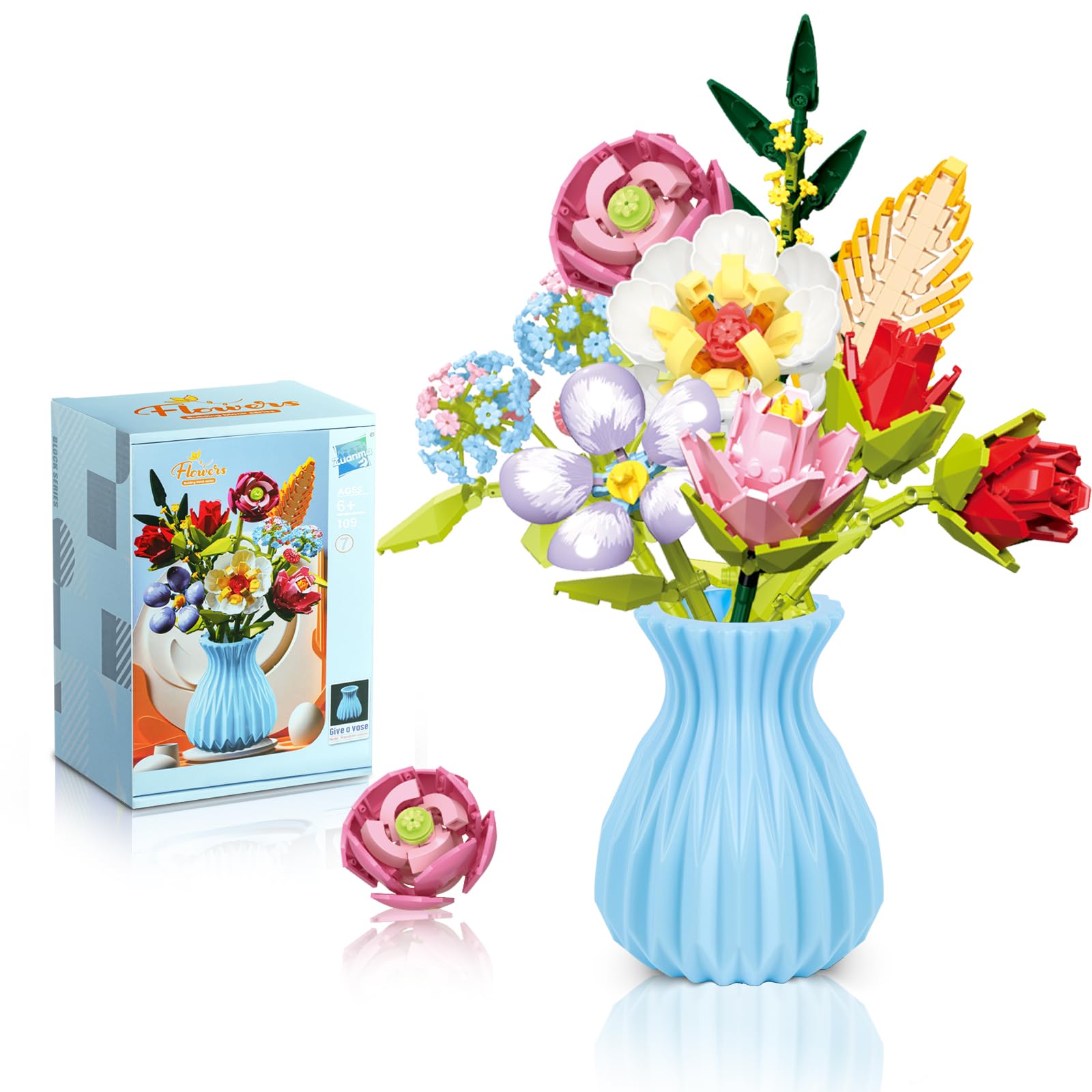 Flowers Bouquet Building Set with Vase, 8 Kinds Artificial Flowers Bouquet Set for Adults, Women, Girls, Idea Gifts for Mother's Day, Birthdays, DIY Unique Decoration for Home Room, 691PCS