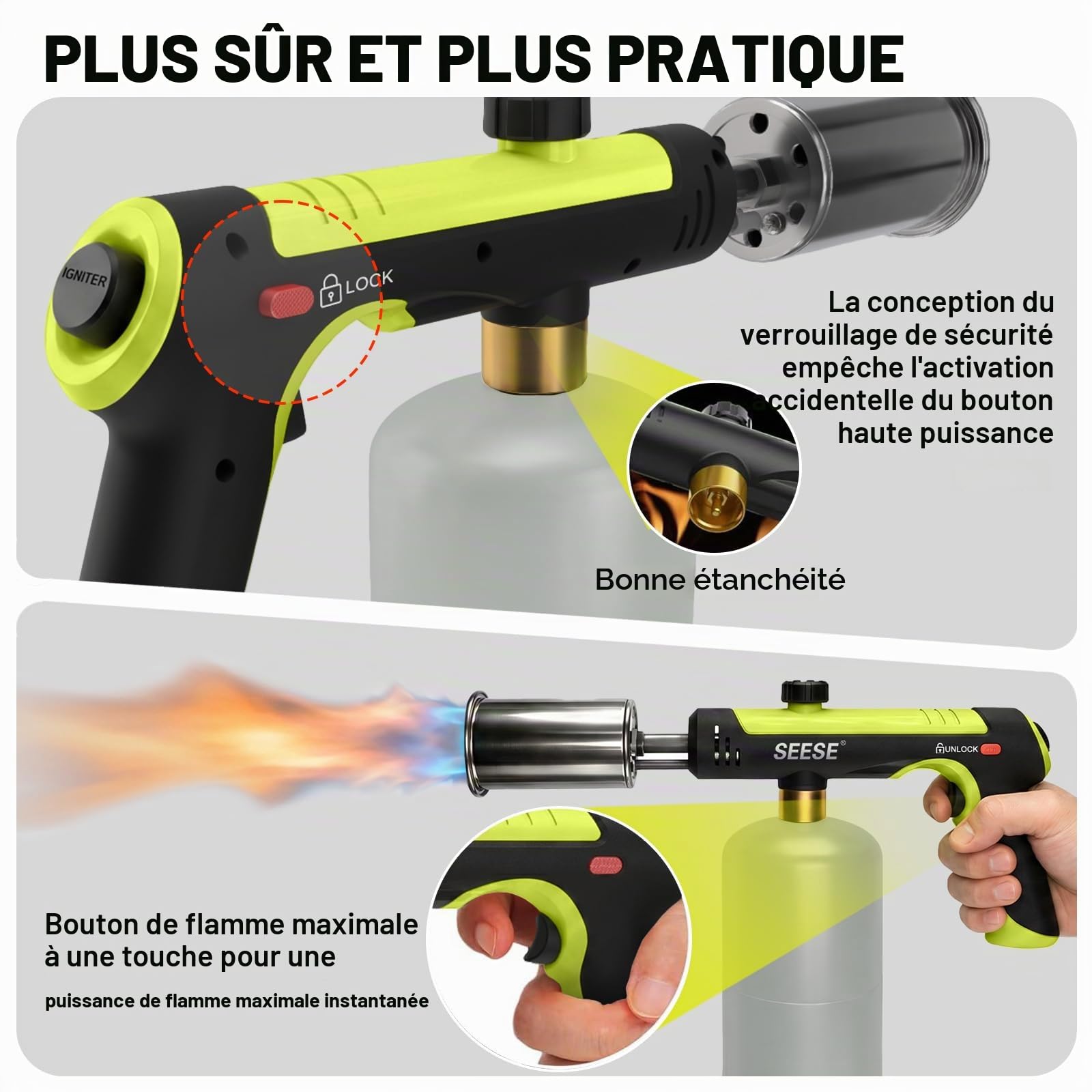 SEESE Torche puissante au propane, torche de cuisine avec feu maxi à une touche, allume-charbon avec verrou de sécurité, torche réglable pour sous vide, barbecue, feu de camp, cheminée (réservoir non