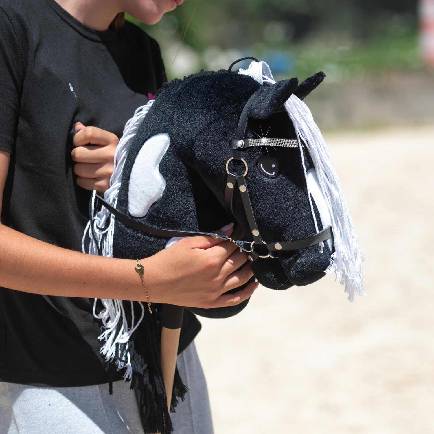 Hobby Horse Land A3 Pie Noir Black Diamond z błyszczącą siatką - czarno-biały koń na kiju z flotem dla dzieci i młodzieży