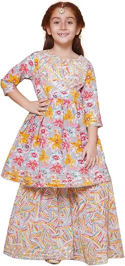 Arshia Fashions Baby Girls Cotton Floral Printed 3/4 Sleeve Sharara Dress Set, Multi For All Occasion salwar suit