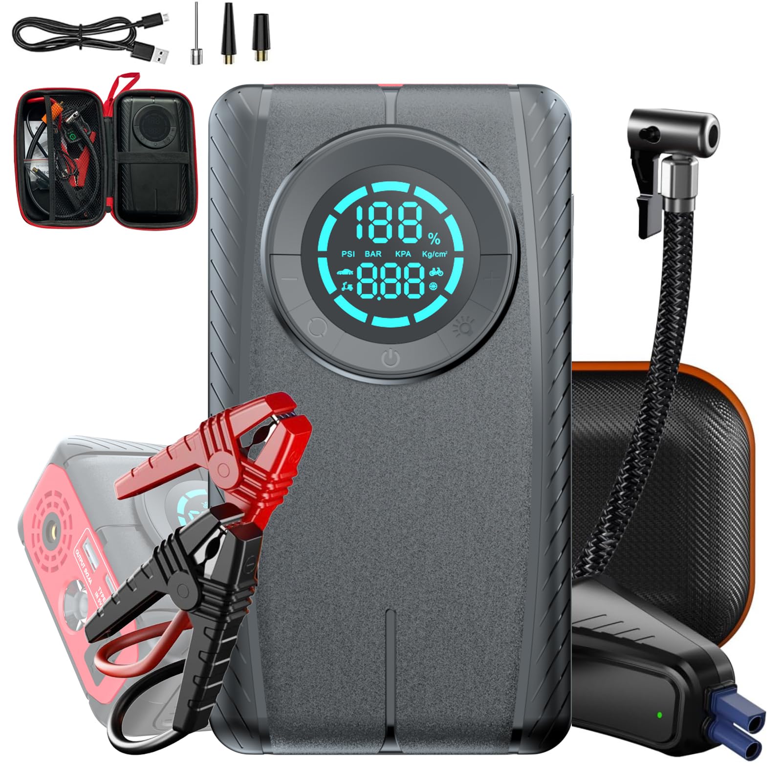 FOTN 4 in 1 Jump Starter 30000mAh with Air Compressor, Power Bank, LED Light 3000A Portable Car Emergency Booster with 150PSI Tire Inflator 12V Vehicle Lithium Battery for 10.0L Gas/8.5L Diesel Engine