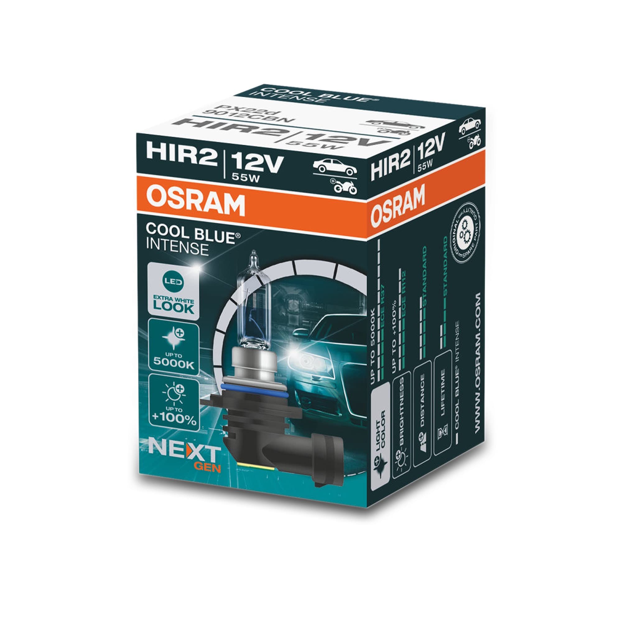 OSRAM COOL BLUE® INTENSE HIR2, +100% more brightness, up to 5,000K, halogen headlight lamp, LED look, Folding box (1 lamp)