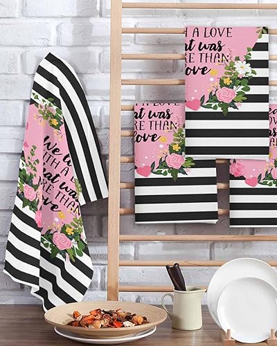 Miniatura 2 de Kitchen Towel 2 Packs Cotton Waffle Weave, Black and White Striped Pink Love Heart Floral Valentine's Day 16 x 24 Inch Absorbent Dish Towels Clothes