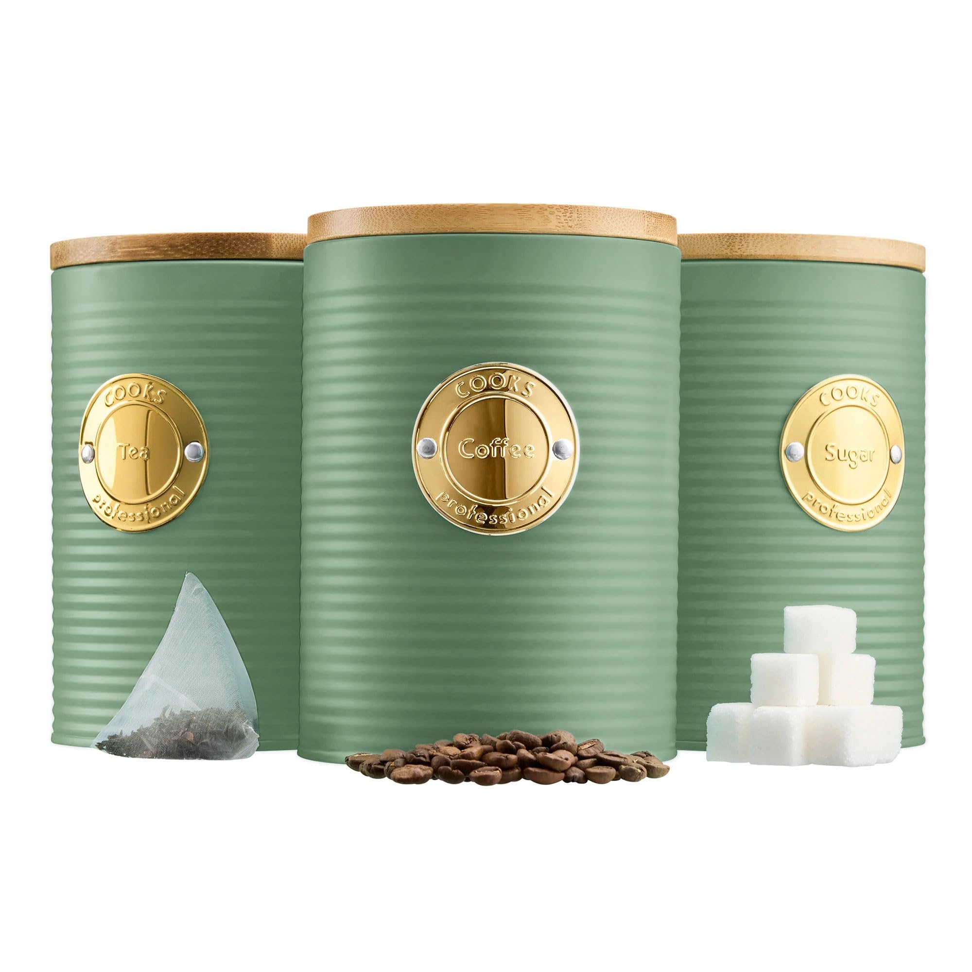Cooks Professional 3 Piece Ribbed Tea, Coffee, & Sugar Cannisters with Air-Tight Bamboo Lids | Stainless Steel Kitchen Storage Bin Set | Modern & Stylish | Green & Gold โ image 1