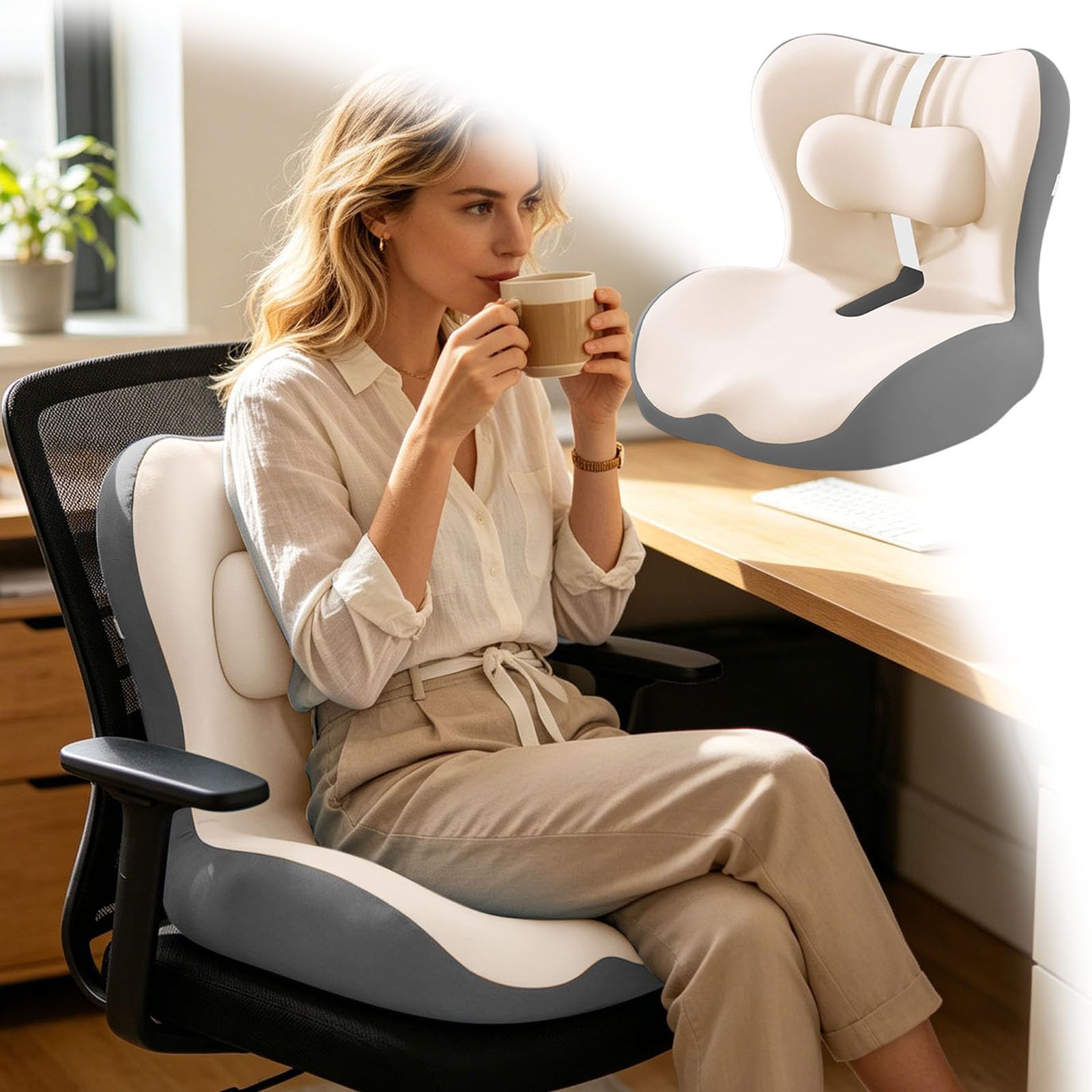 Generisch Cojín de espuma viscoelástica en forma de L integrado con soporte lumbar, cojín ortopédico para silla de oficina, respaldo ergonómico y cojín para el hogar, coche, silla de ruedas y sillas