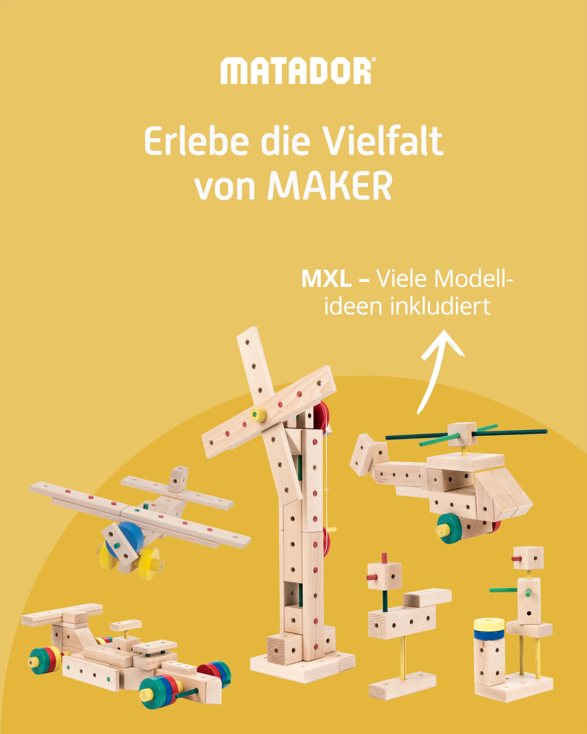 Matador XL Kinder Baukasten ab 3 Jahren 350-tlg. - Spannendes Holz Konstruktionsspielzeug zur Schulung von Kreativität und Feinmotorik, Bauspielzeug mit Stäbchen, Klötzen, Hammer & Zange