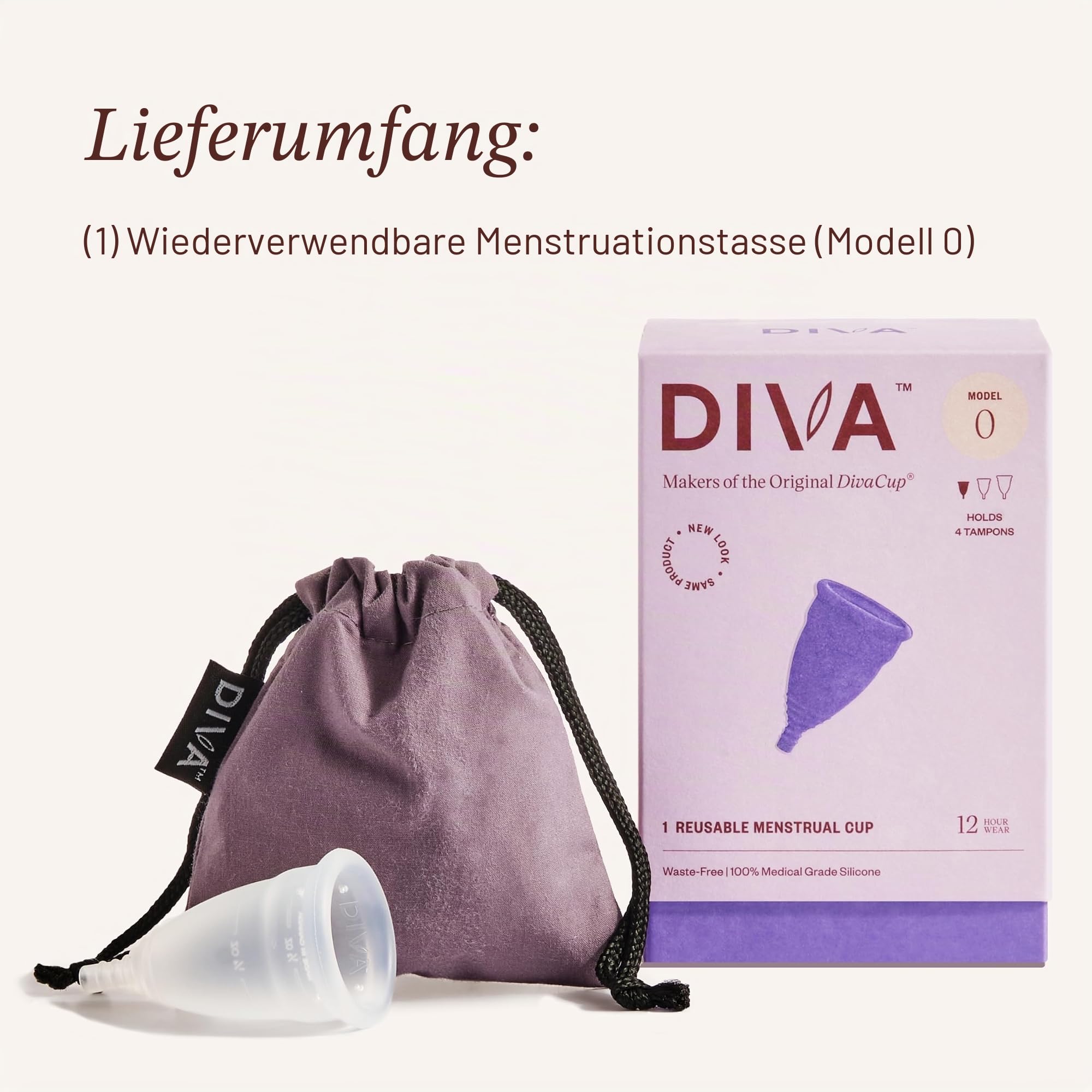 DivaCup Menstruationstasse Modell 0 – Wiederverwendbare Periodentasse aus 100% medizinischem Silikon – Bis zu 12 Stunden auslaufsicherer Period Cup – Umweltfreundliche Menstrual Cup