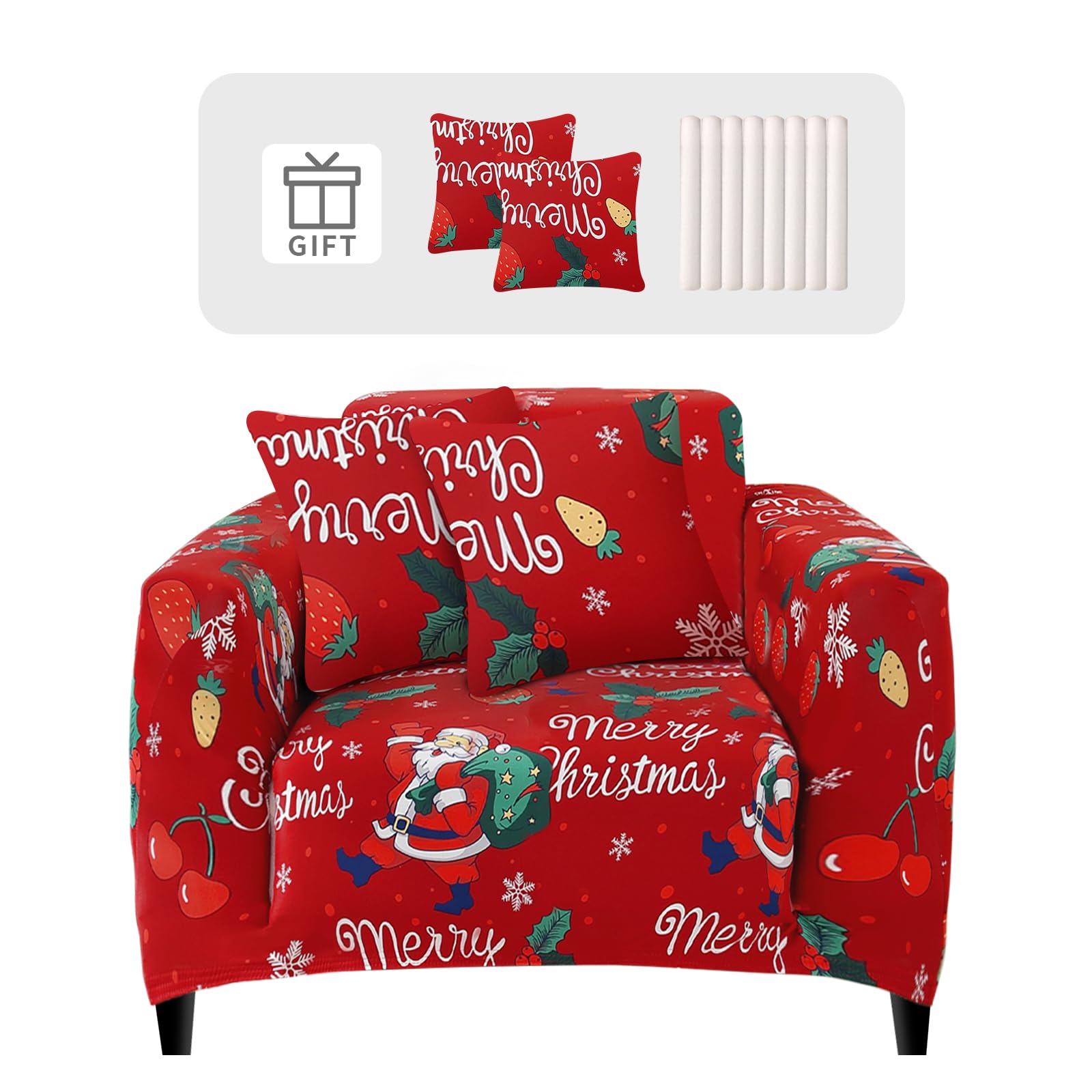 Funda de Sofá Navideña 1 Plaza Protector de Sofá Universales con 2 Fundas de Cojín Cubre Fundas de Sofá Ajustables con Brazos Antideslizante Lavable Protector,Navidad Cereza