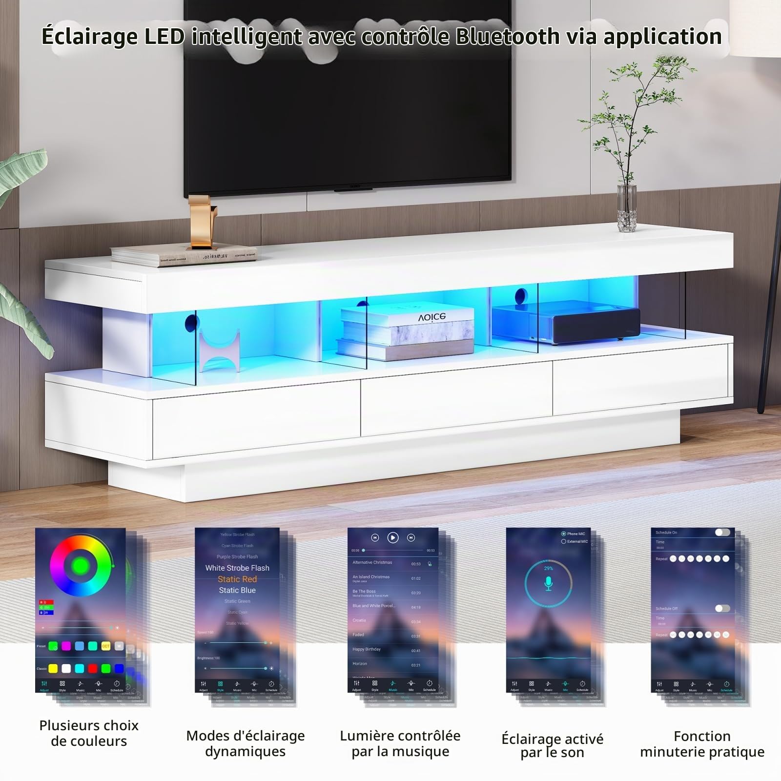 YEHTOKHOME Meuble TV LED 160 cm, Meuble TV avec 3 Tiroir, 3 Étagères en Verre, LED RGB Contrôlable par App Bluetooth, Supporte Télé 70 Pouces, Style Moderne pour Salon (Blanc-1)
