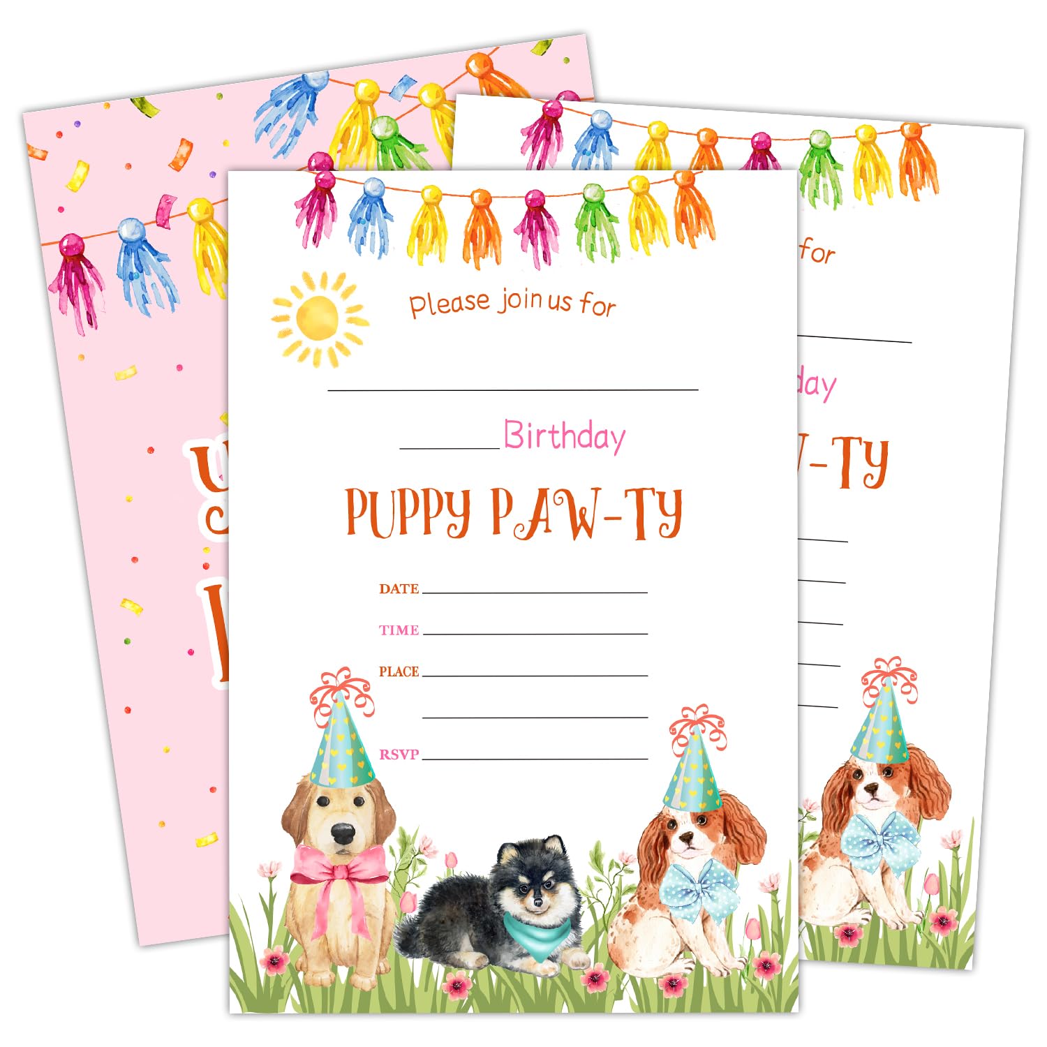 Puppy Paw-Ty Birthday Invitation Cards for Boys & Girls, Celebration Birthday Party Supplies Decorations, Puppy Dog Doggy Double-sided Printed Bday invite Cards - Includes 20 Cards & Envelopes(B06)