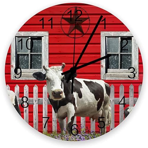 FoDuoDuo Reloj de pared de madera silencioso que no hace tictac, con valla de granero roja, vintage, redondo, para sala de estar, cocina, hogar,