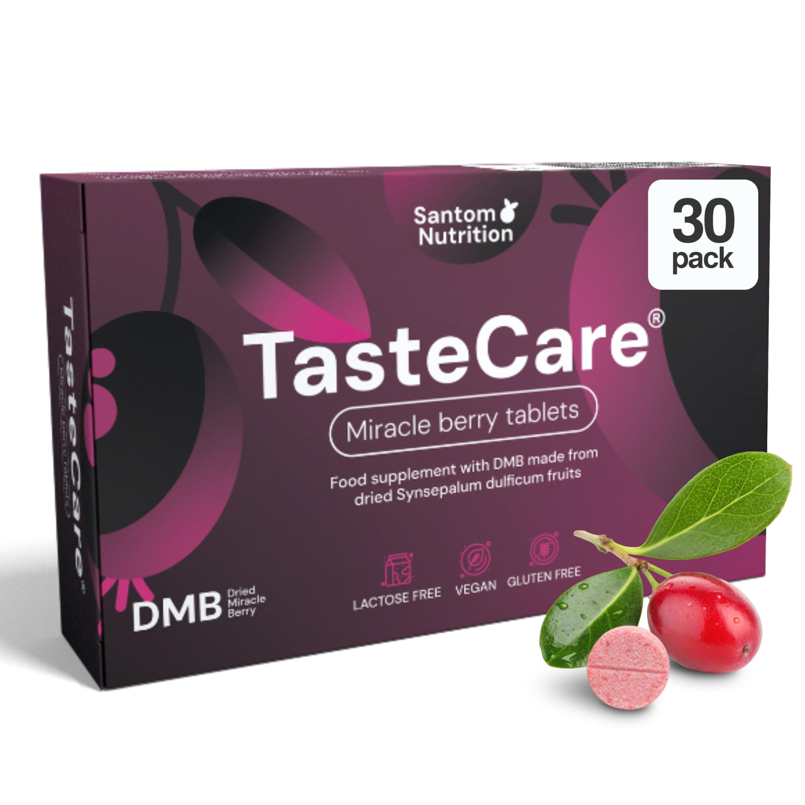 TasteCare Miracle Berry Tabletten | 30 Stück | Macht Saures Süß in Sekunden | Wirkung bis 1 Stunde | Miraculin Tabletten aus Wunderbeere | Zuckerfreie Süßigkeiten | Hergestellt in der EU
