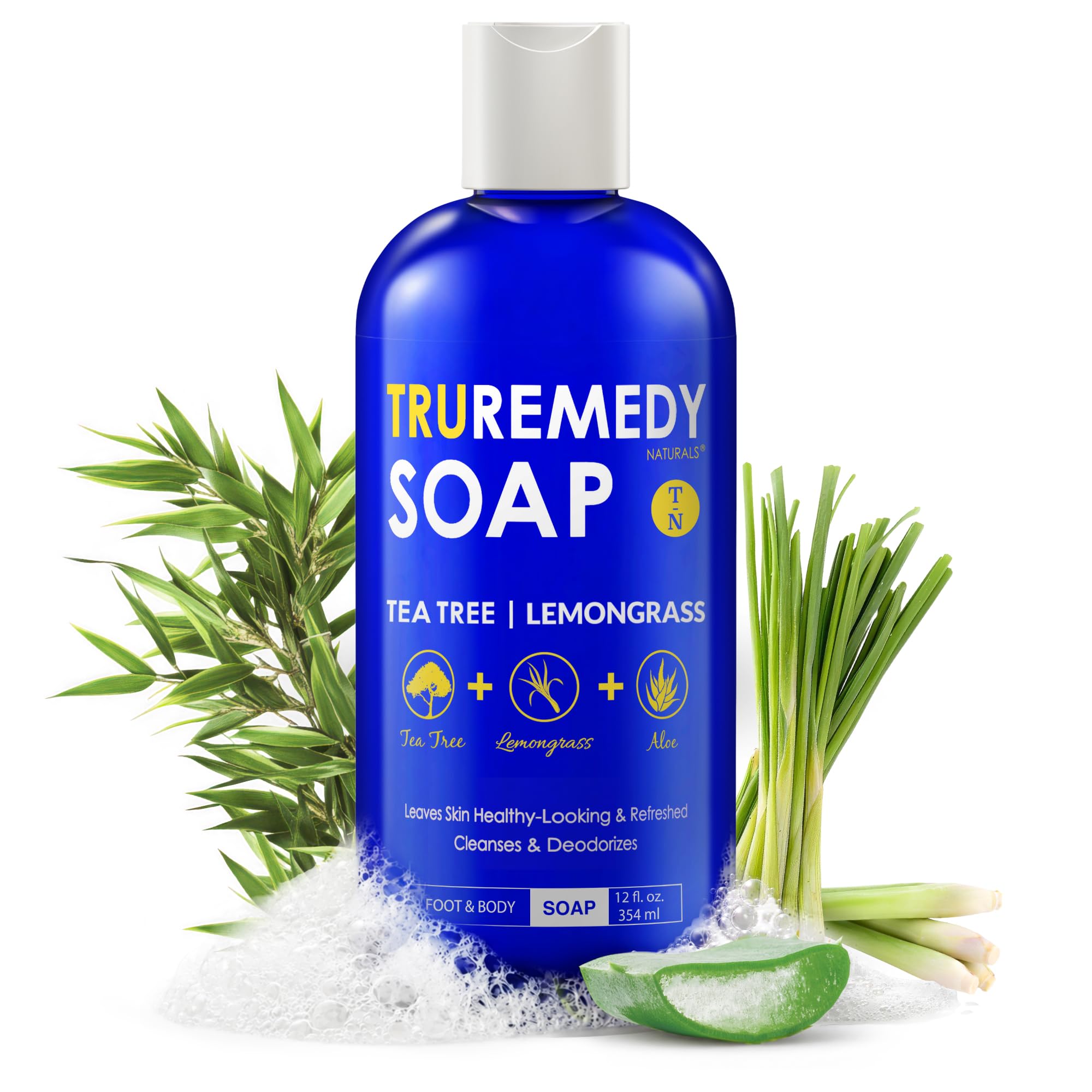Truremedy Naturals Body Wash, Tea Tree & Lemongrass (12oz) | Invigorating Tea Tree Oil Body Wash and Shower Gel with Lemongrass and Oils No Sulfates