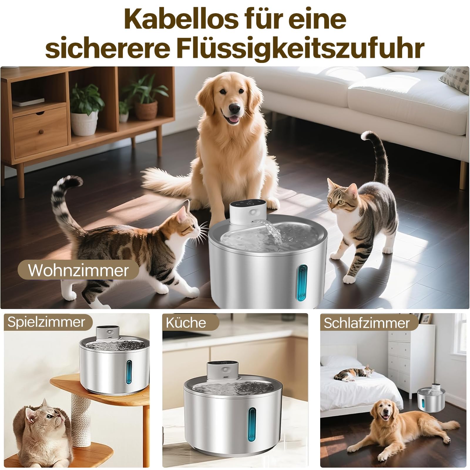 Fontana per gatti senza fili con rilevatore di movimento, 4200 mAh, alimentata a batteria, 4,1 l, in acciaio inox, per gatti con pompa dell'acqua silenziosa, fontana per acqua per gatti facile da