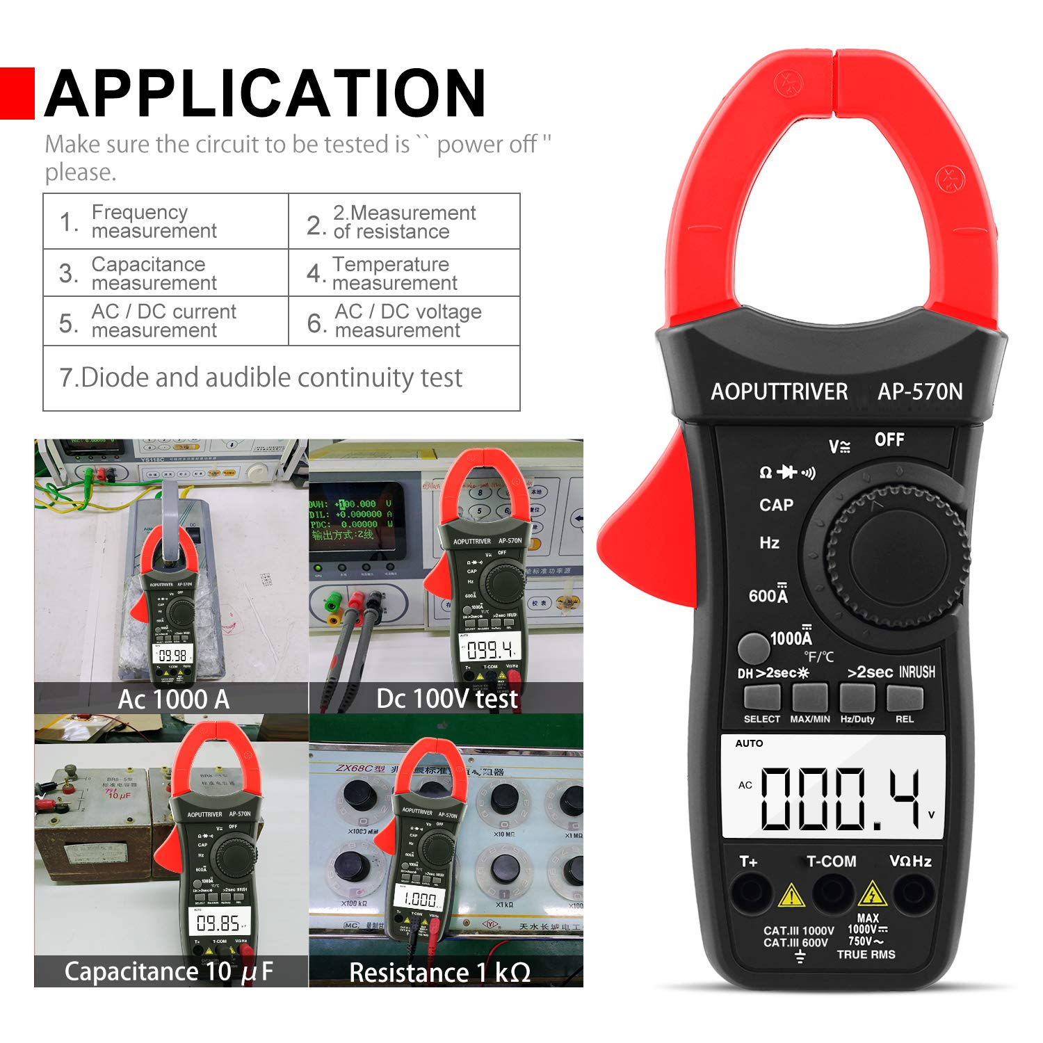 Clamp Meter AP-570N TRMS 6000 Counts Strommesszange AC DC-Strommesszange mit automatischer Reichweite, Widerstand, Kappe, Hz, Einschaltdauer, Temperatur, Einschaltstromtest