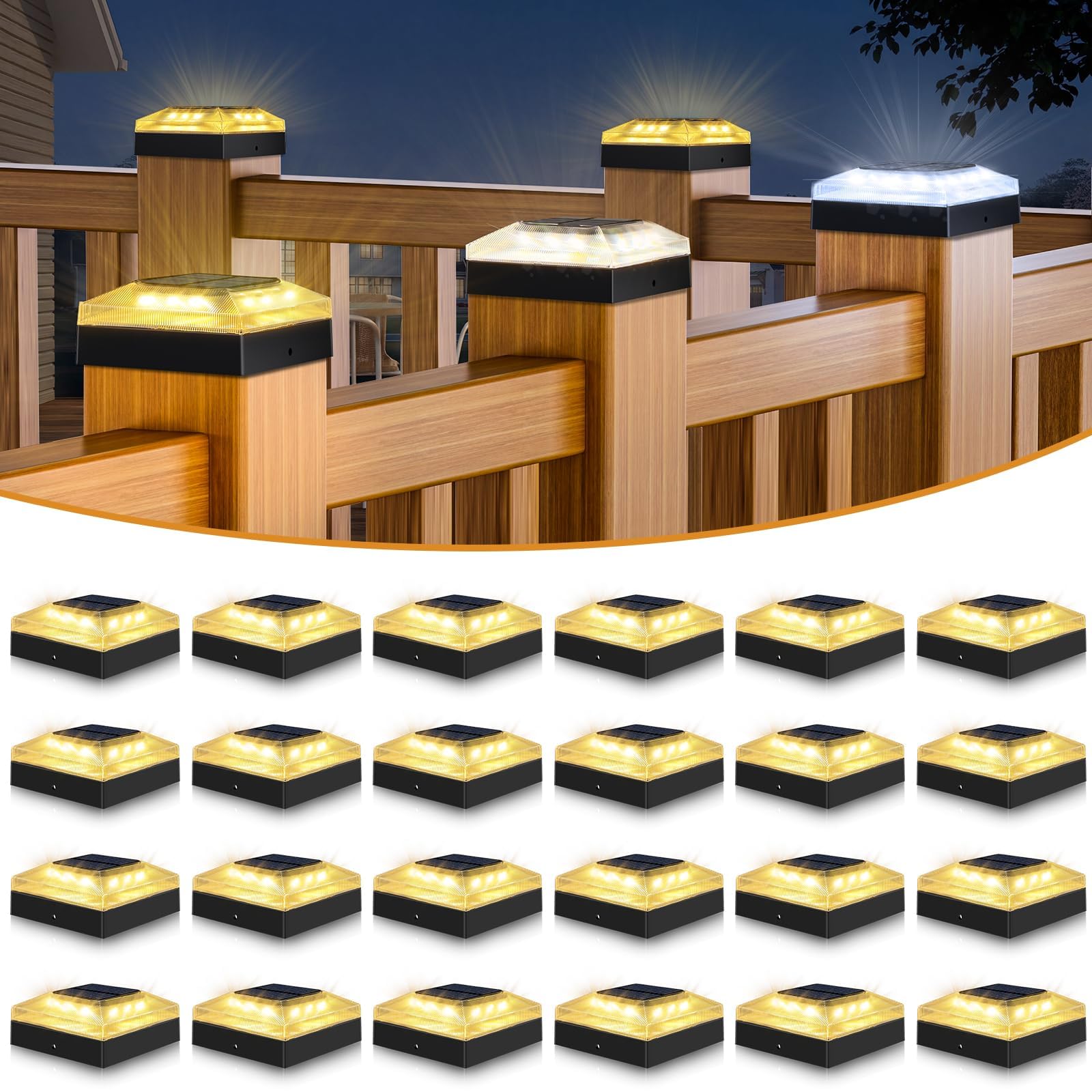 vighep 4x4 Solar Post Cap Lights Outdoor - 24 Pack Fence Post Light with 3 Color Modes, Waterproof Black Solar Powered Deck Lights for Wooden/Vinyl Posts Patio Garden Porch