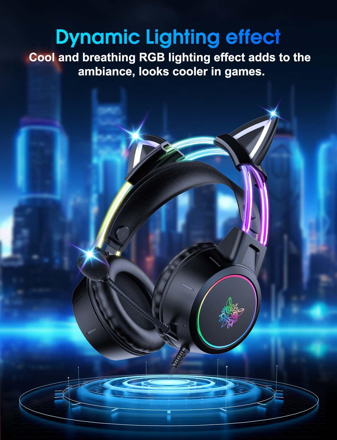 ONITOON Lightweight Gaming Headset with Detachable Deer Ear, RGB Lighting, Wired Over Ear Headphones with Mic for PC, PS4, PS5, Switch, Stereo Surround Sound, Self-Adjusting Headband