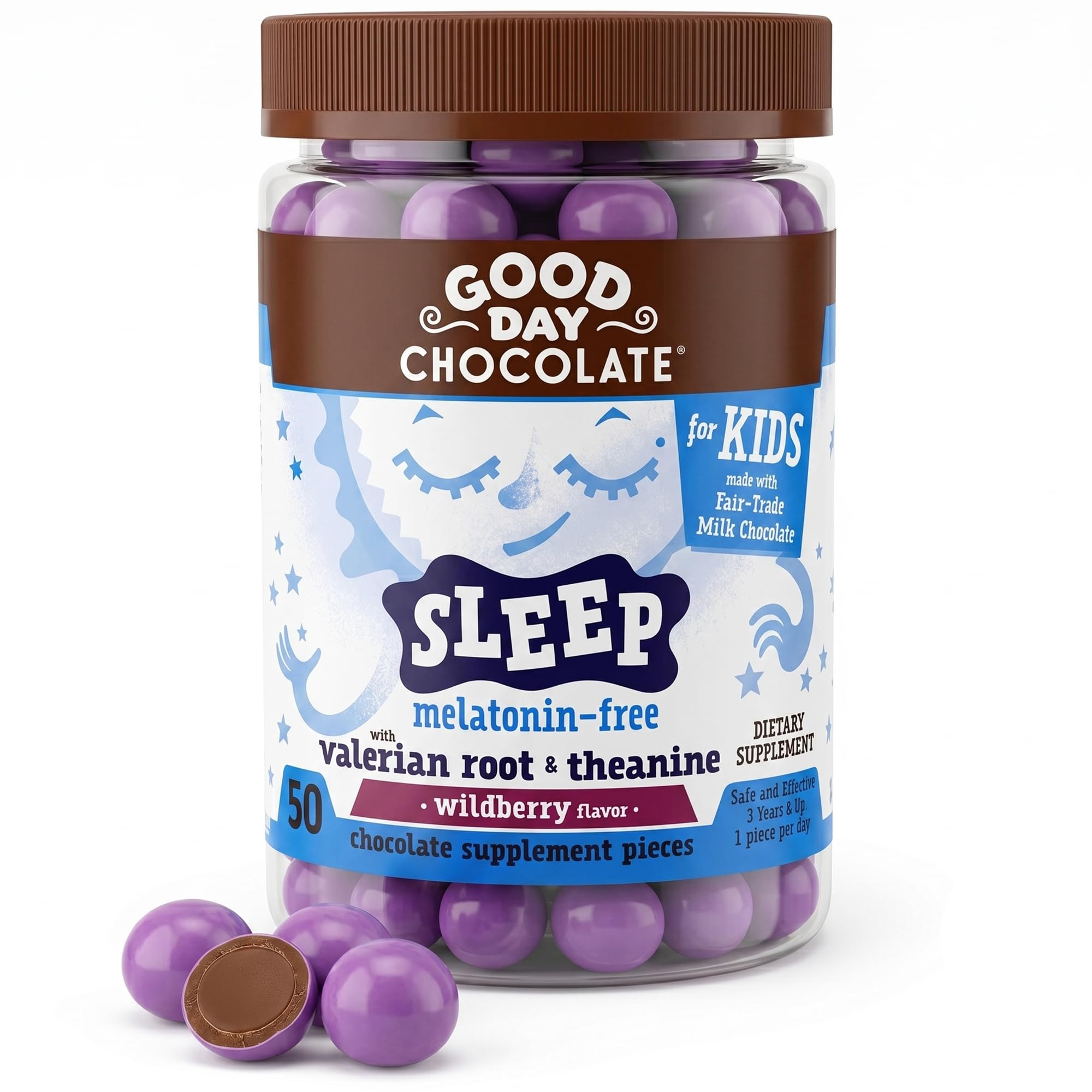 Good Day Chocolate Natural Valerian Root for Kids, Herbal Sleep Supplement, Organic Wildberry Flavor, Fair Trade and Non-GMO Chocolate, L-Theanine, 50 Pieces