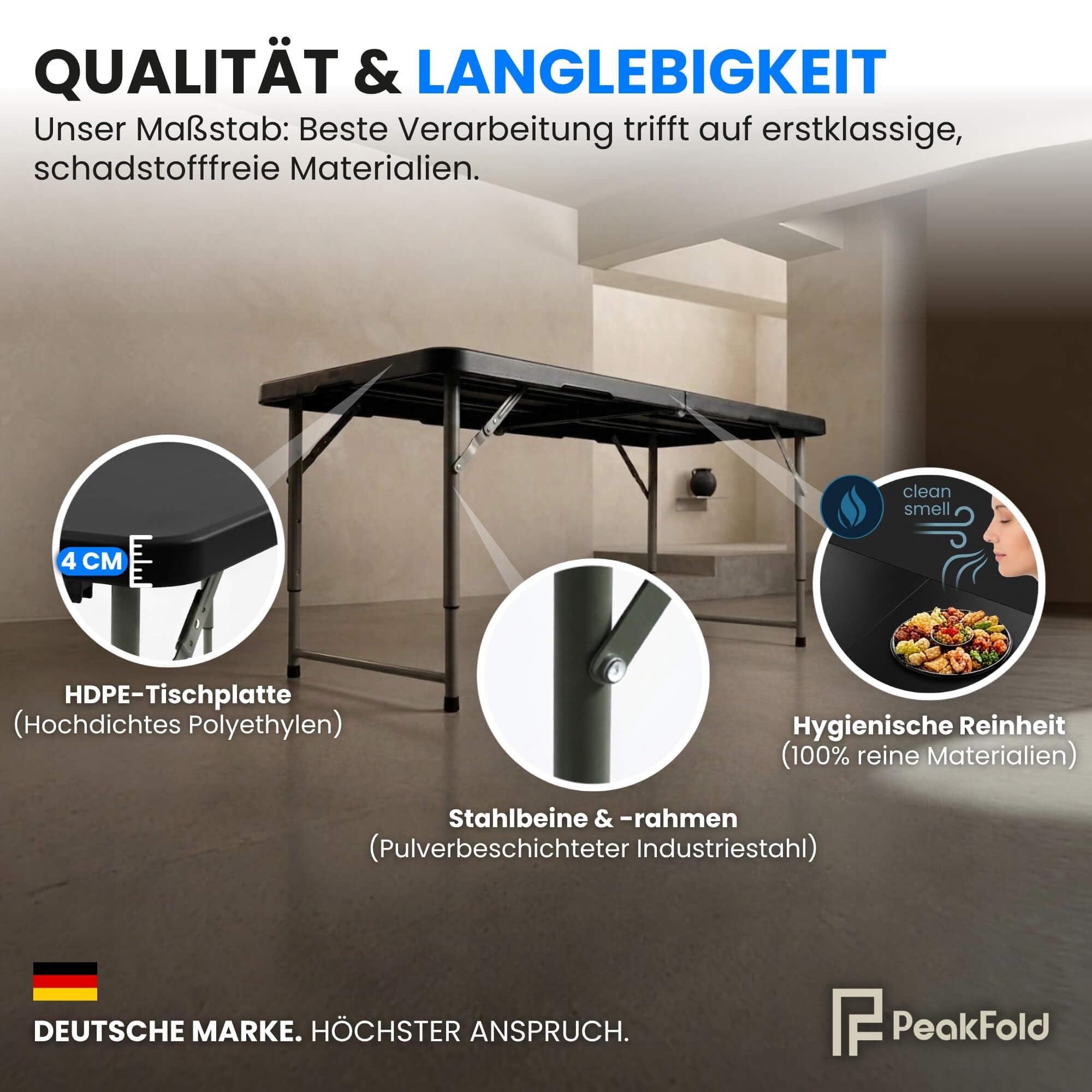 Klapptisch Campingtisch Wetterfest Garten 122cm Höhenverstellbar Klappbar Gartentisch Buffettisch Tragbar Faltbar Schwarz Tragegriff Haken