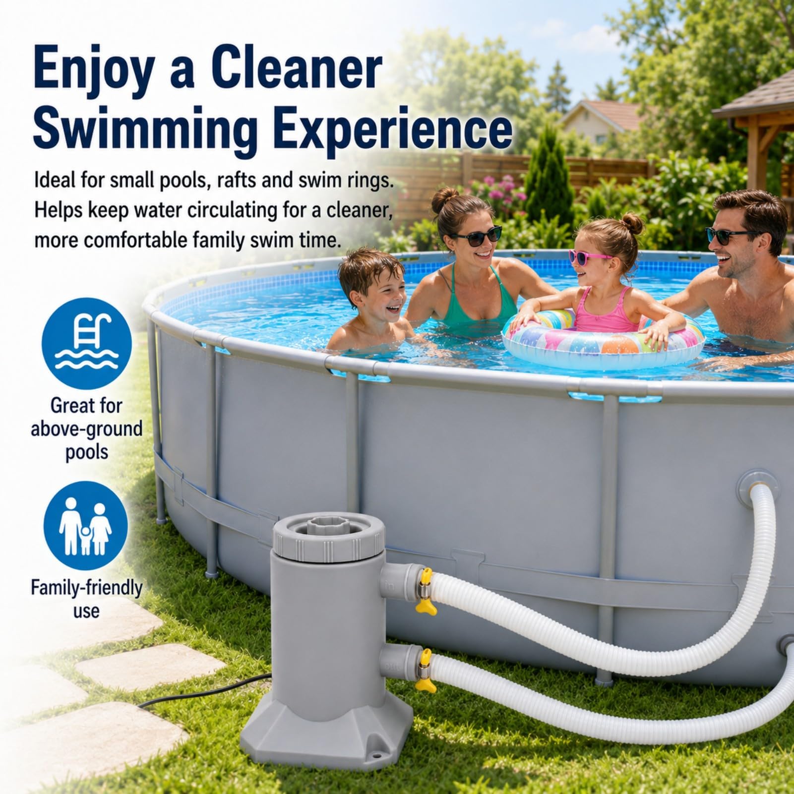 Bomba de Filtro para Piscina 250L/H ABS Silenciosa para Piscinas Pequeñas | Bomba de filtro 250L/H de ABS, silenciosa y fácil de instalar para circulación y filtración en piscinas pequeñas.