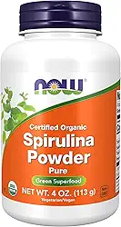 NOW Foods Suplementos, orgânico certificado, espirulina em pó, rico em beta-caroteno (vitamina A) e B-12 com GLA e clorofila que ocorrem naturalmente, 113 g