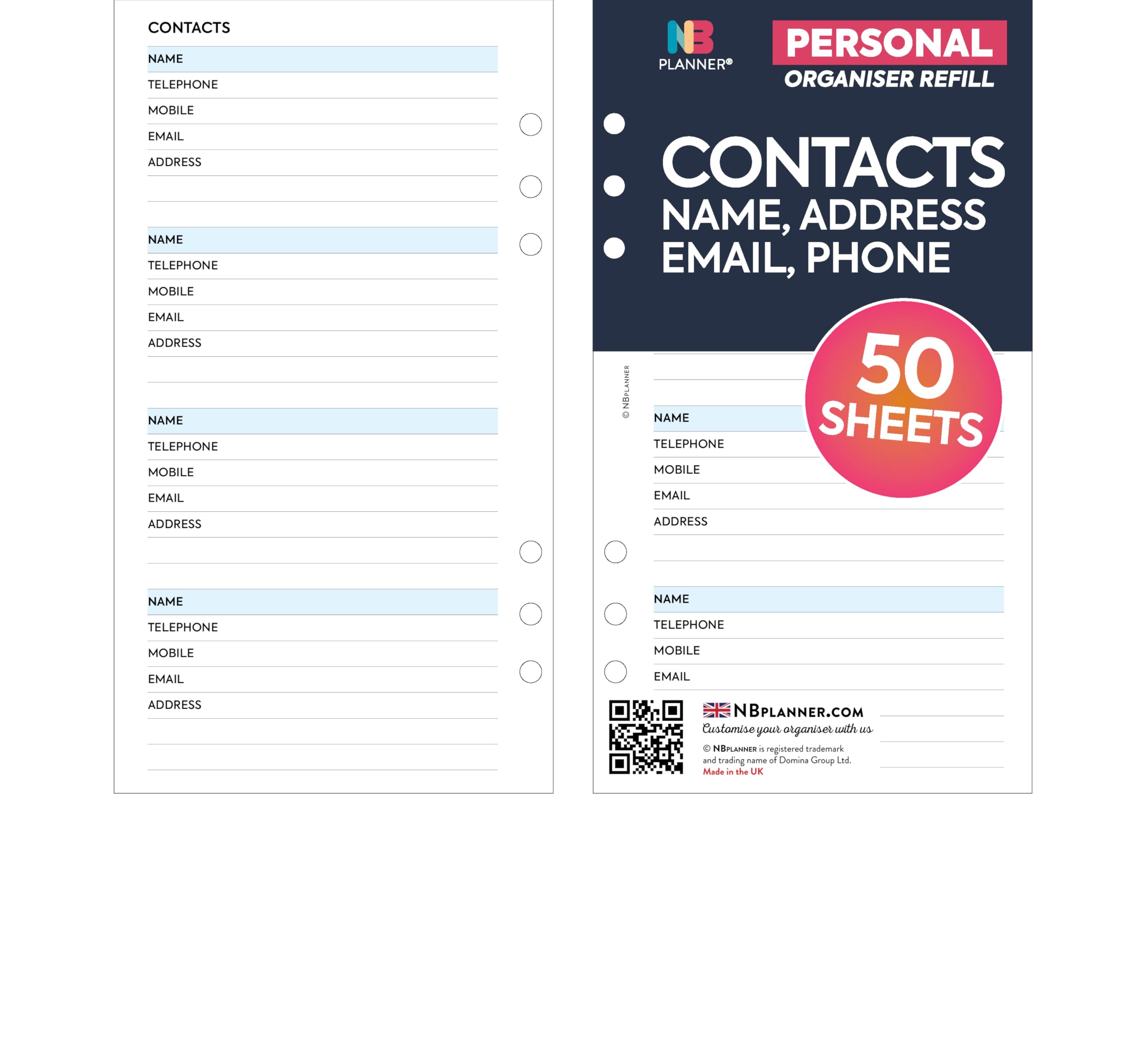 Personal size Contacts notepaper name, email, address organiser refill planner insert, navy blue, light blue