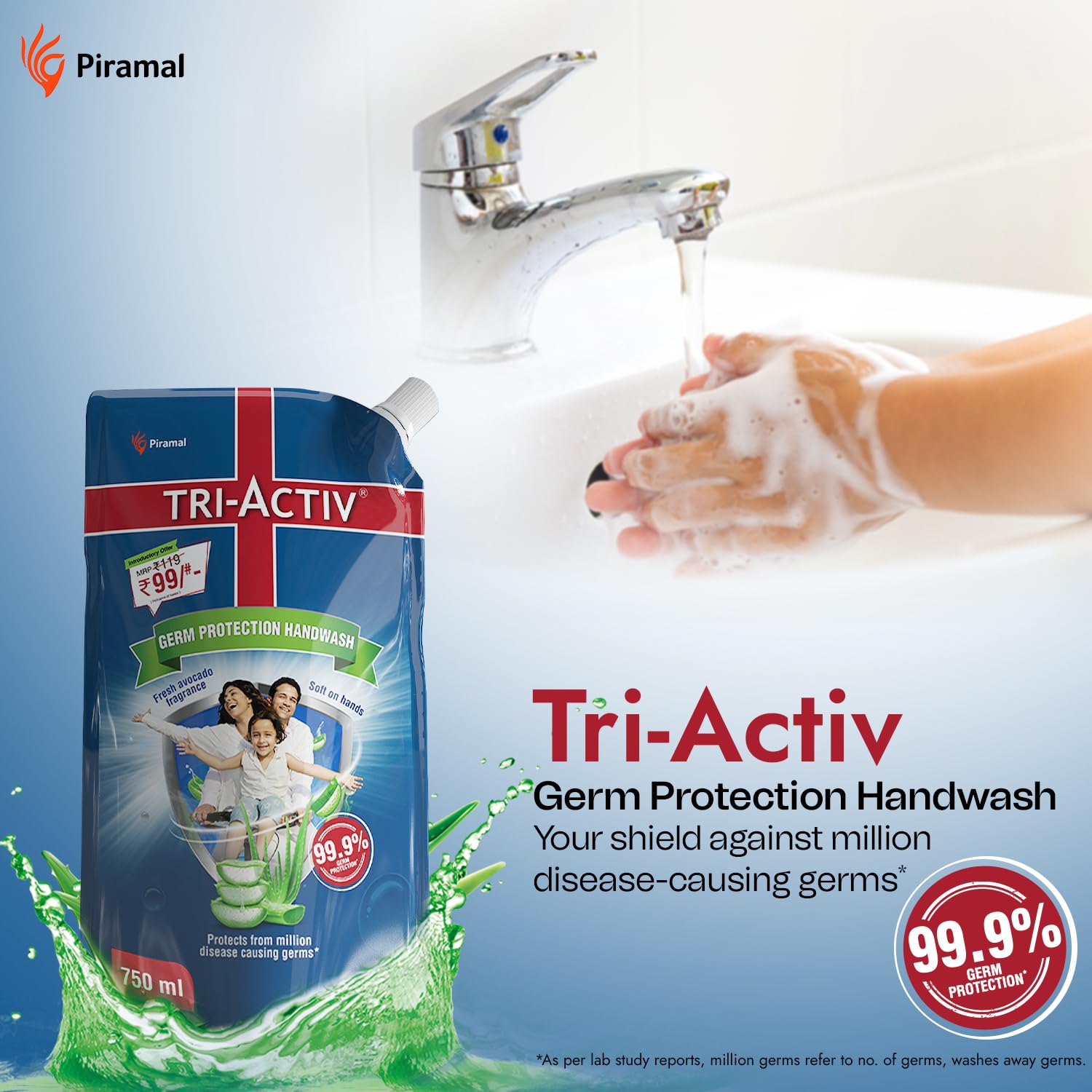 Tri-Activ Germ Protection Handwash Refill Pack | Protects from 99.9% disease causing germs | With goodness of Aloevera | Keeps hands soft & moisturized | Refreshing Avocado fragrance 750ml (750ml, 3) 2