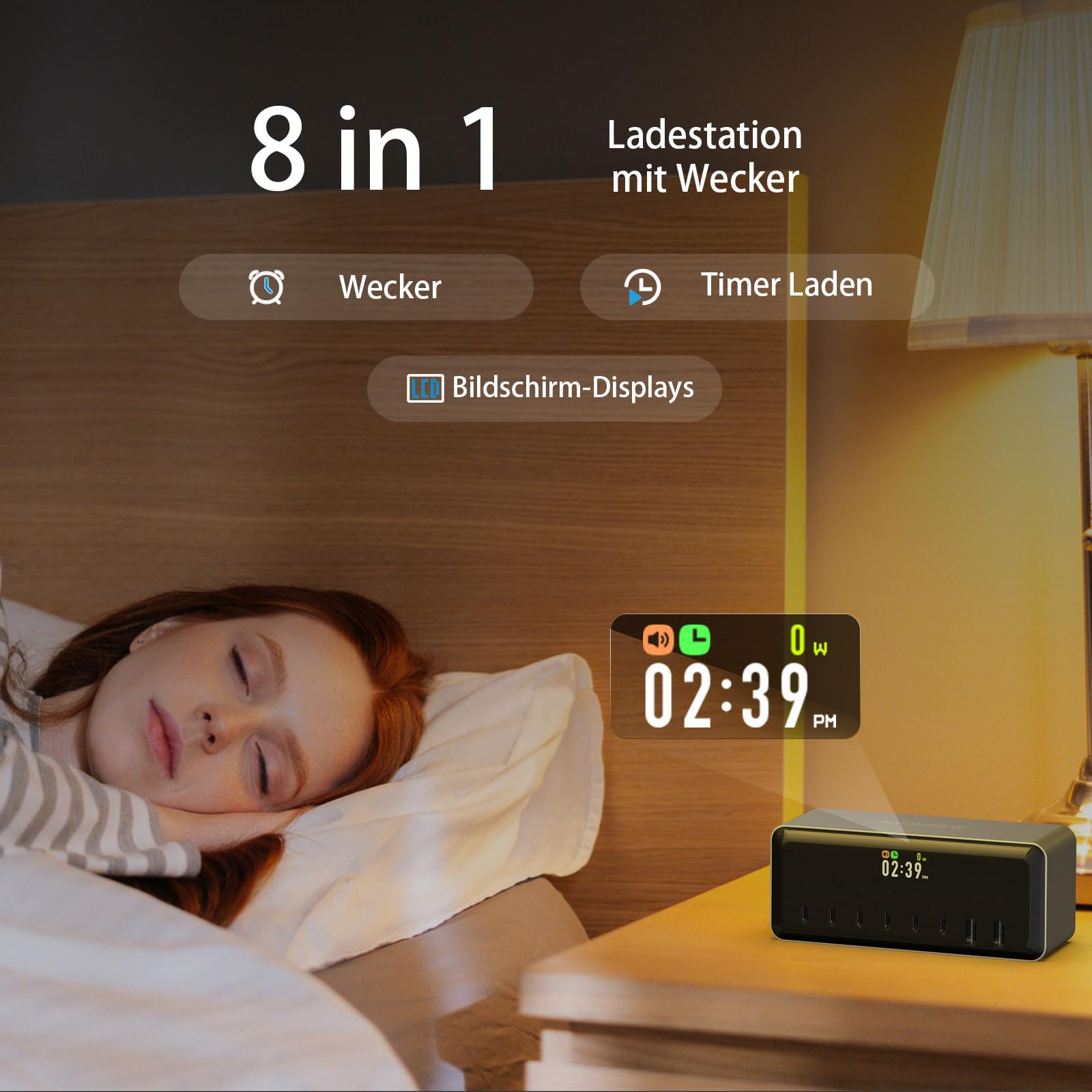 LIMETA MDSS2 ładowarka USB C, 200 W, 8 portów USB, szybka ładowarka z zegarkiem, budzikiem i programatorem czasowym, stacja ładująca do telefonu komórkowego z szybką ładowarką do iPhone 17 16 15, iPad
