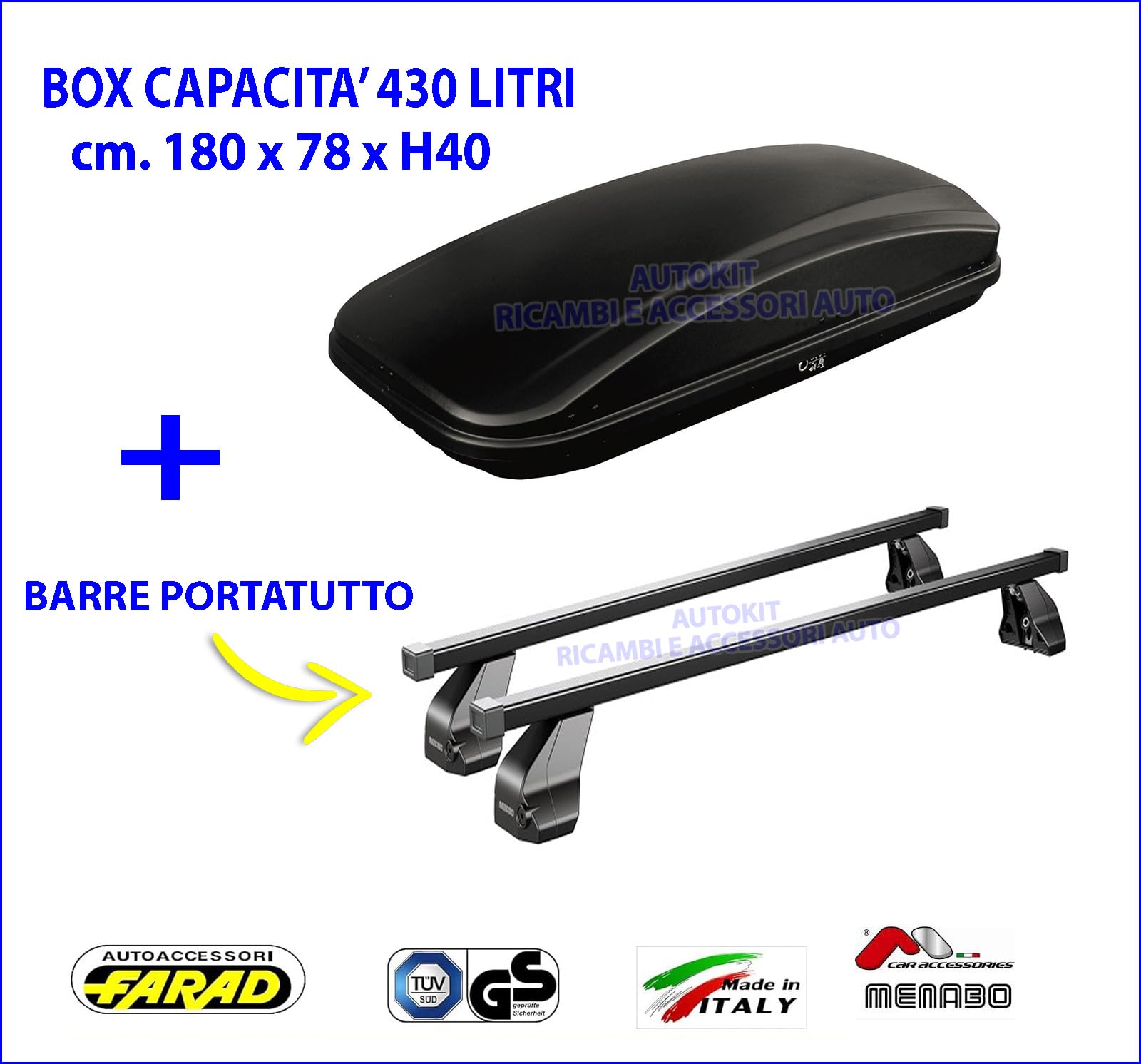 BOX BAULE DA TETTO AUTO 430 LITRI + BARRE PORTATUTTO PORTAPACCHI SPECIFICHE per 500 L Prodotte dal 2012 in poi - 500 L LIVING - 500 L TREKKING - 1-93431 - M12680000 - KIT43G
