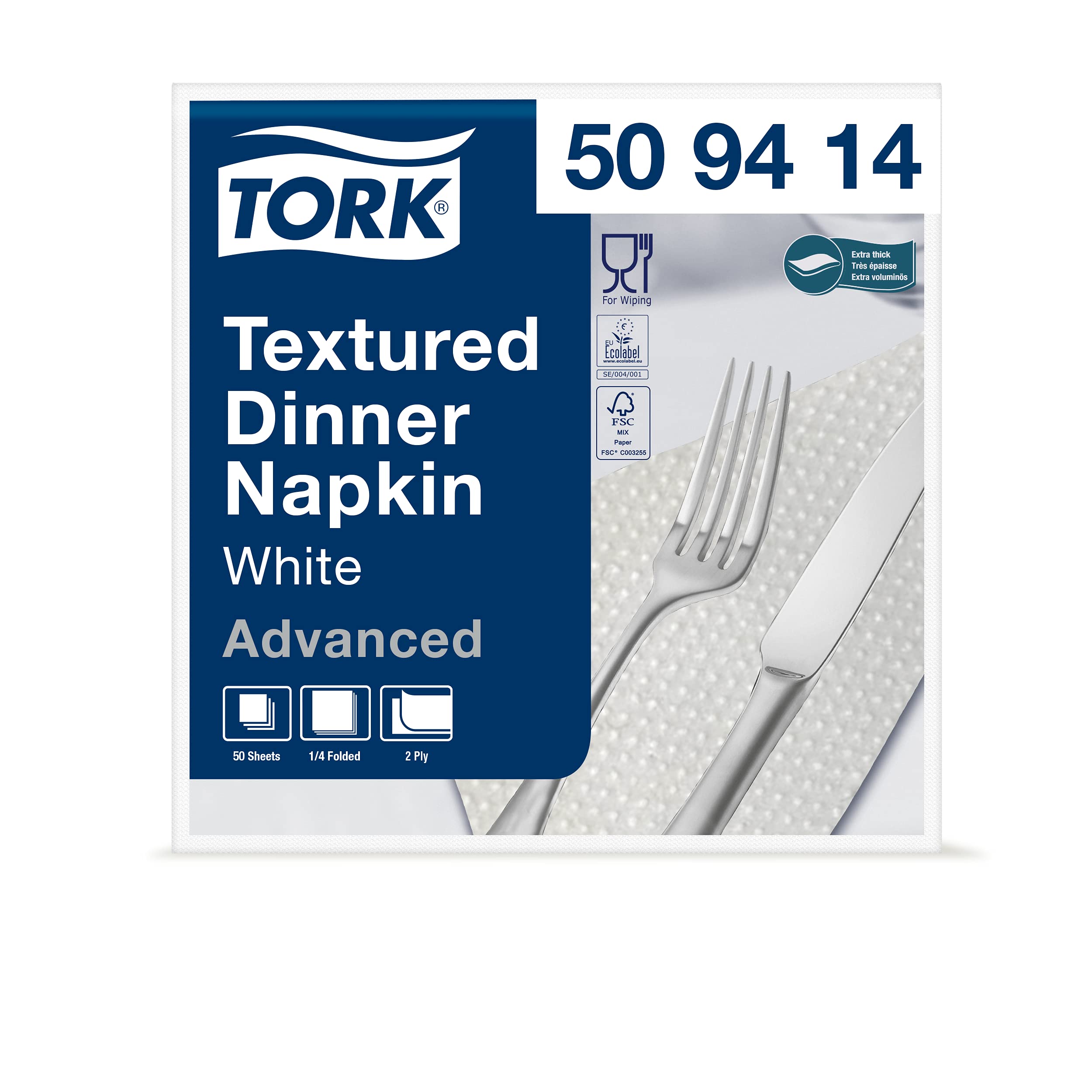 Tork 509414 Textured White Dinner Napkin / 2 Ply Advanced Unprinted Serviette in White / 18 x 50 Sheets (WxL: 19.5 cm x 19 cm)