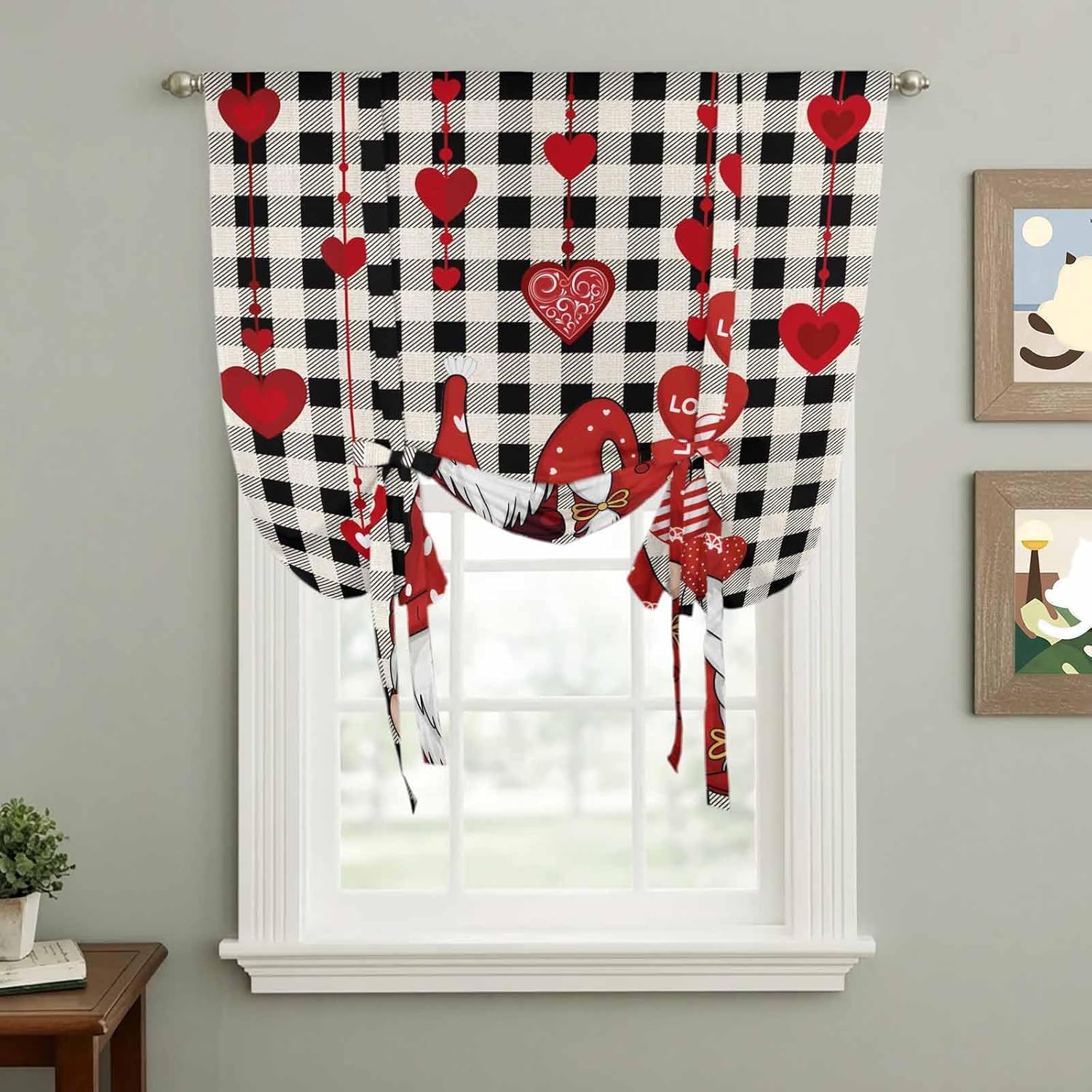 Valentine's Day Tie Up Curtains for Window, Red Gnomes Love Balloon Black White Plaid Thermal Balloon Shade Adjustable Rod Pocket Curtains Valance Panels for Kitchen Bathroom Café 46'' x 63''
